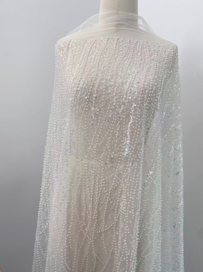 3D Beaded Lace Fabric with Sequins, Bridal Mesh with Volumetric Pearl Beading, Couture Sheer Tulle Embroidery by the yard