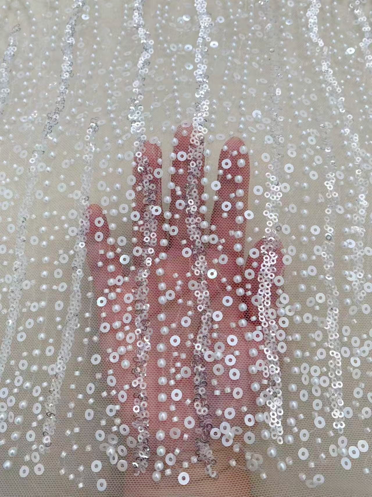 3D Beaded Lace Fabric with Sequins, Bridal Mesh with Volumetric Pearl Beading, Couture Sheer Tulle Embroidery by the yard