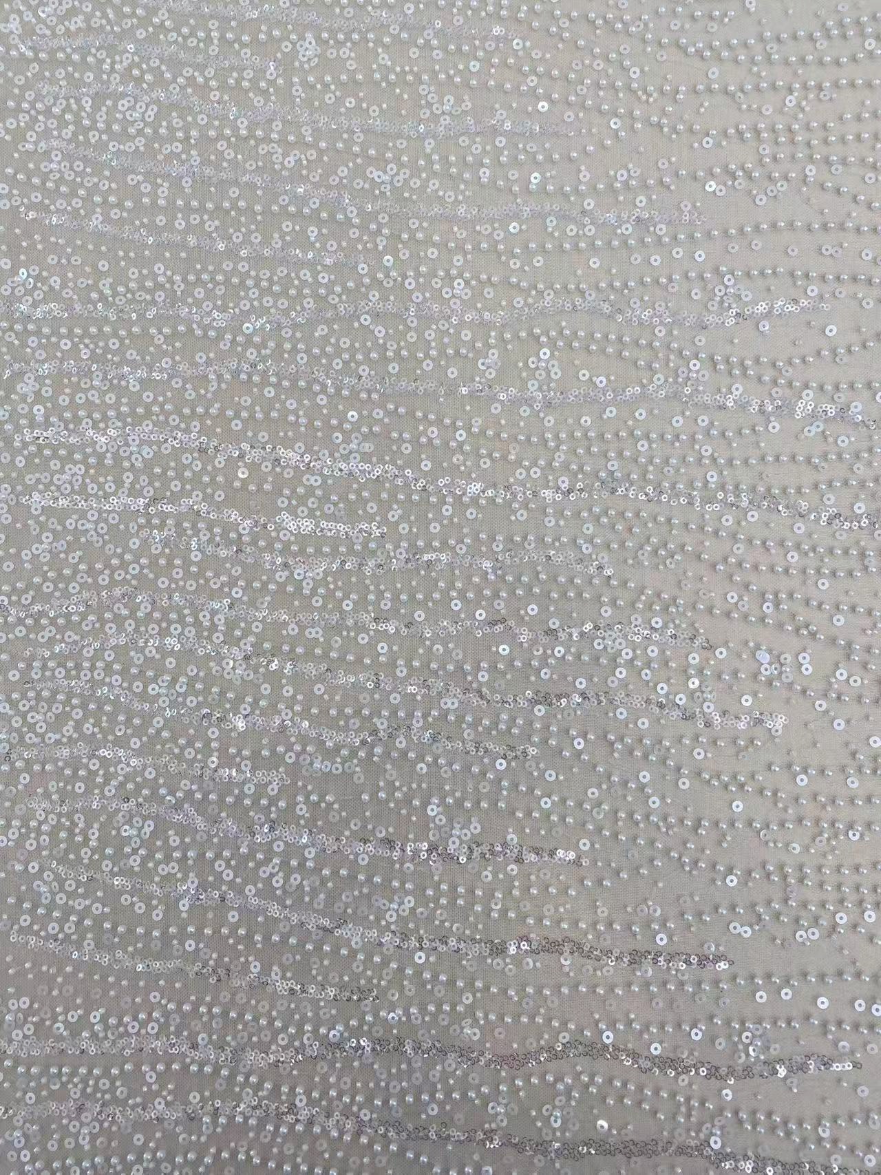 3D Beaded Lace Fabric with Sequins, Bridal Mesh with Volumetric Pearl Beading, Couture Sheer Tulle Embroidery by the yard