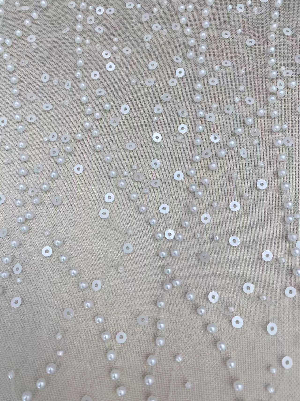 3D Beaded Lace Fabric with Sequins, Bridal Mesh with Volumetric Pearl Beading, Couture Sheer Tulle Embroidery by the yard