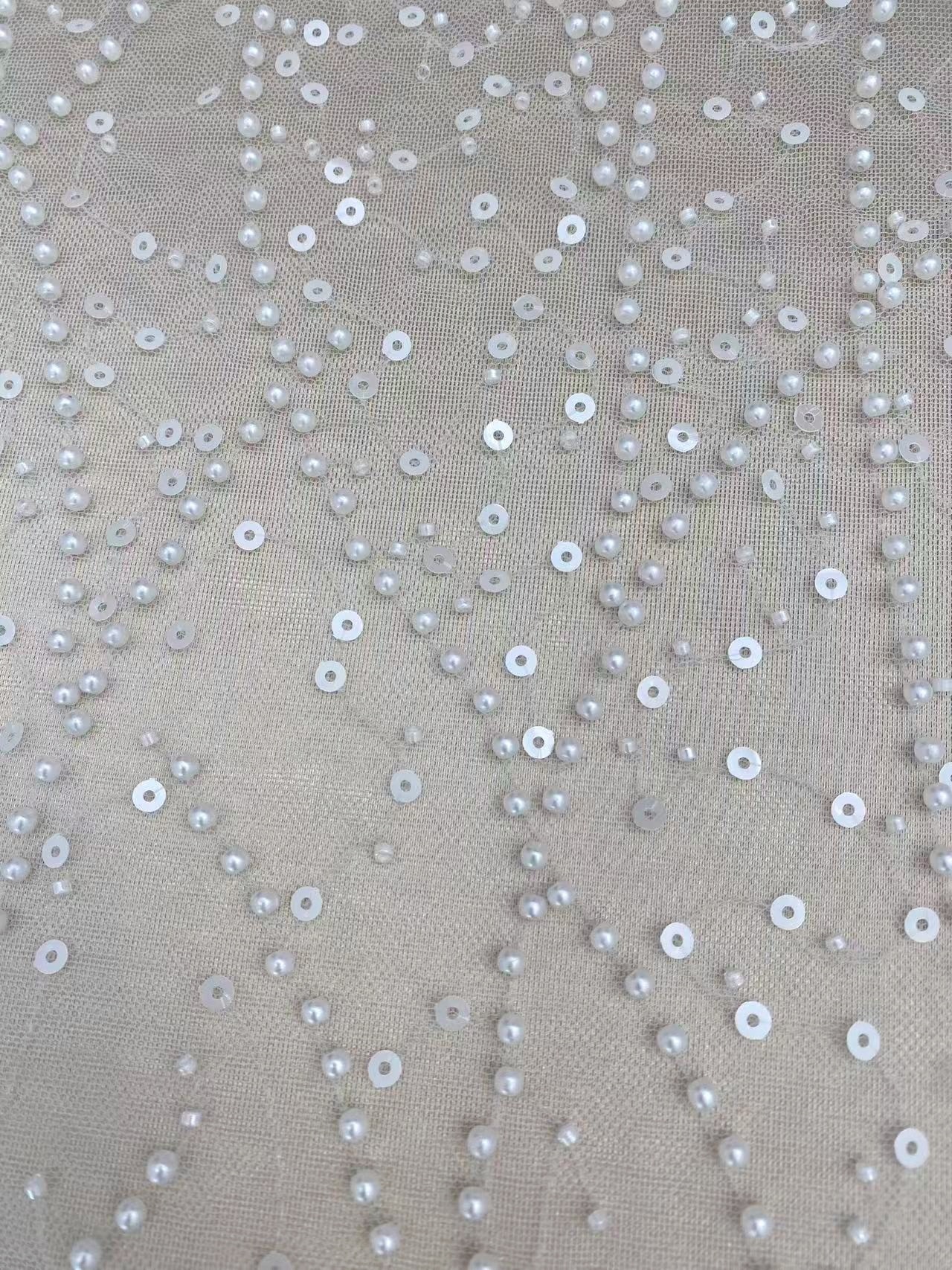 3D Beaded Lace Fabric with Sequins, Bridal Mesh with Volumetric Pearl Beading, Couture Sheer Tulle Embroidery by the yard