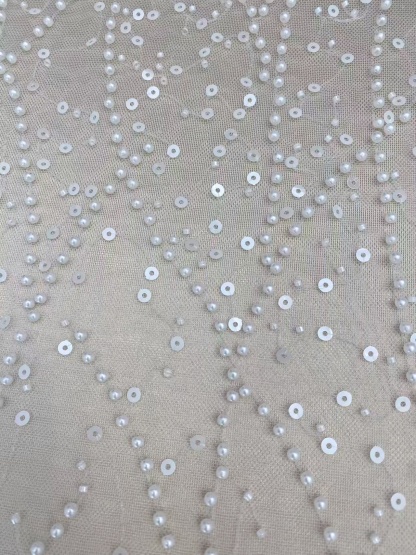 3D Beaded Lace Fabric with Sequins, Bridal Mesh with Volumetric Pearl Beading, Couture Sheer Tulle Embroidery by the yard