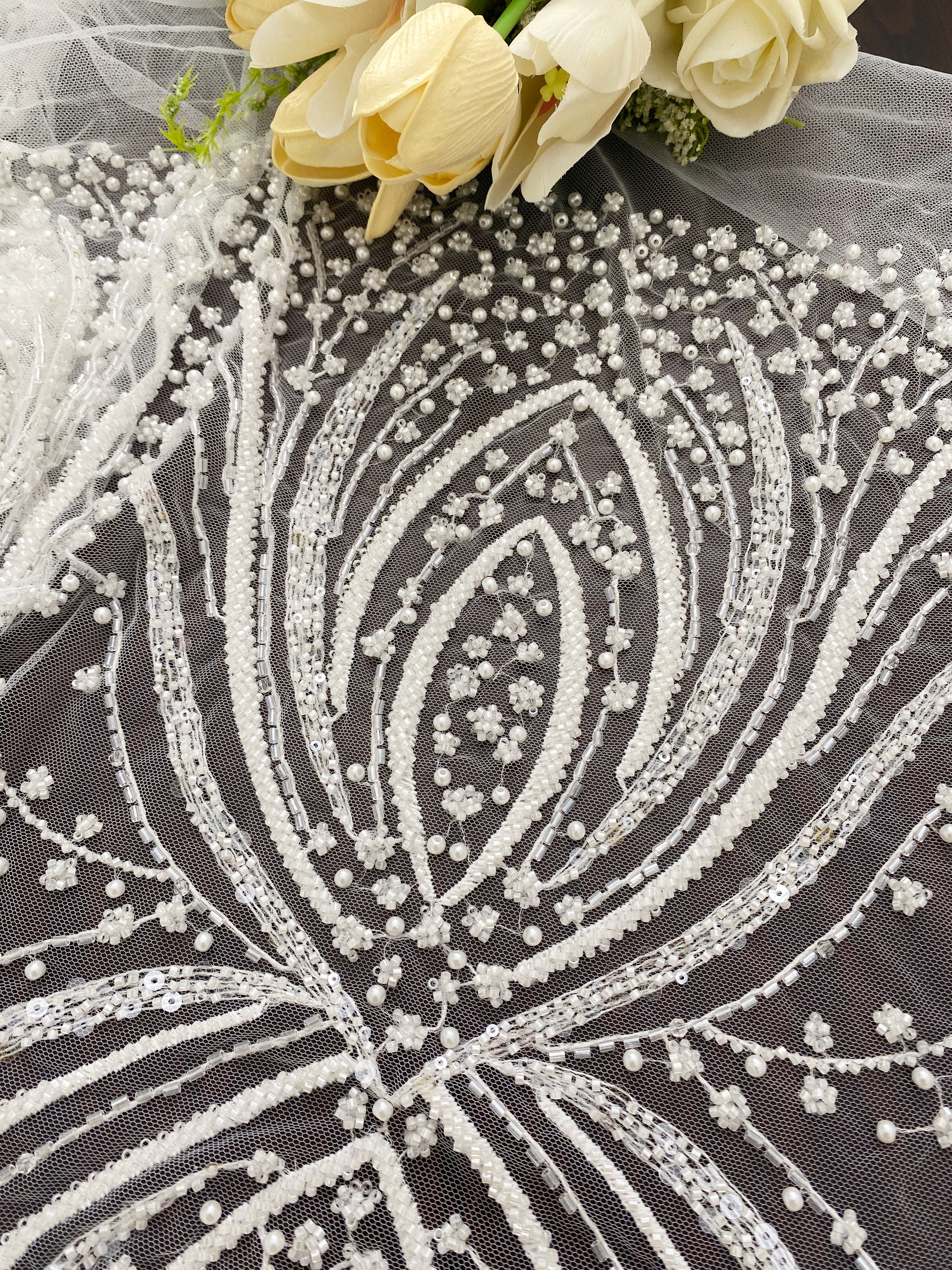 Heavy Beaded Lace Fabric, Stripe Lace on Soft Mesh for Bridal Wedding Dress, Prom Dress, 3D Beading Flower Embroidery Tulle Lace by the yard
