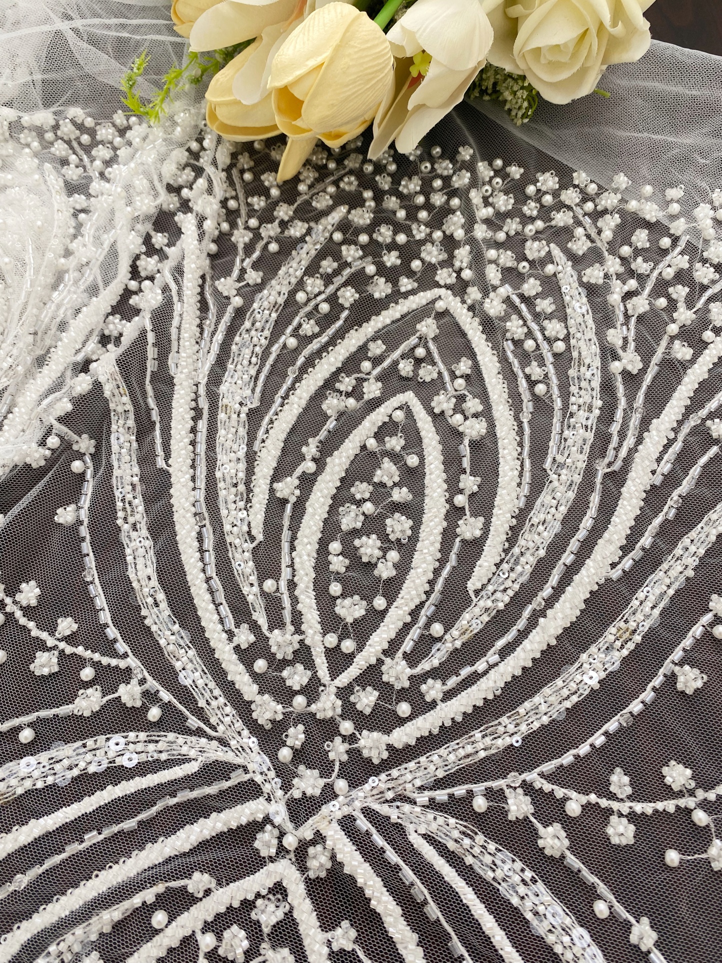 Heavy Beaded Lace Fabric, Stripe Lace on Soft Mesh for Bridal Wedding Dress, Prom Dress, 3D Beading Flower Embroidery Tulle Lace by the yard