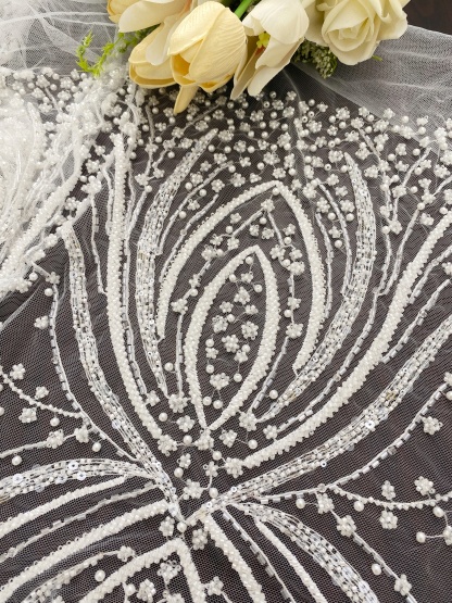 Heavy Beaded Lace Fabric, Stripe Lace on Soft Mesh for Bridal Wedding Dress, Prom Dress, 3D Beading Flower Embroidery Tulle Lace by the yard
