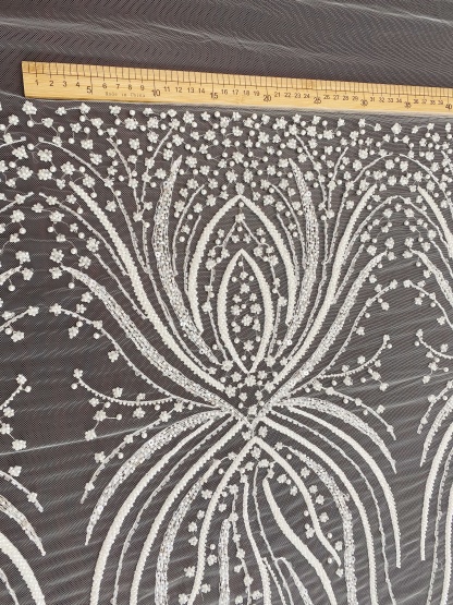 Heavy Beaded Lace Fabric, Stripe Lace on Soft Mesh for Bridal Wedding Dress, Prom Dress, 3D Beading Flower Embroidery Tulle Lace by the yard