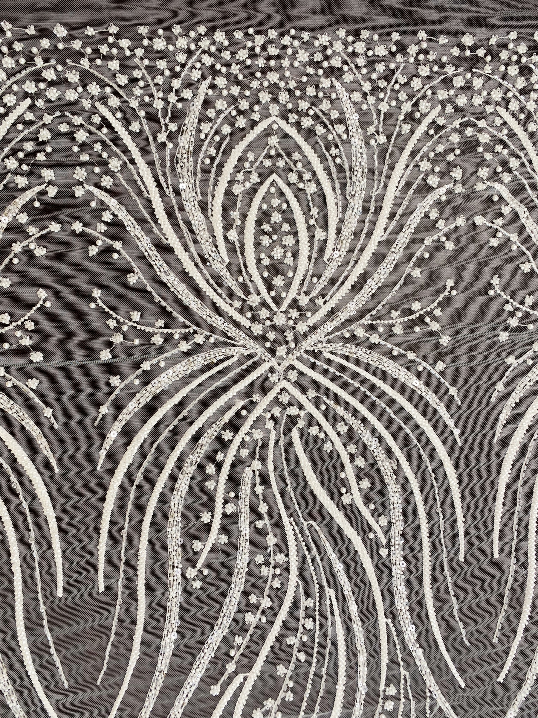 Heavy Beaded Lace Fabric, Stripe Lace on Soft Mesh for Bridal Wedding Dress, Prom Dress, 3D Beading Flower Embroidery Tulle Lace by the yard