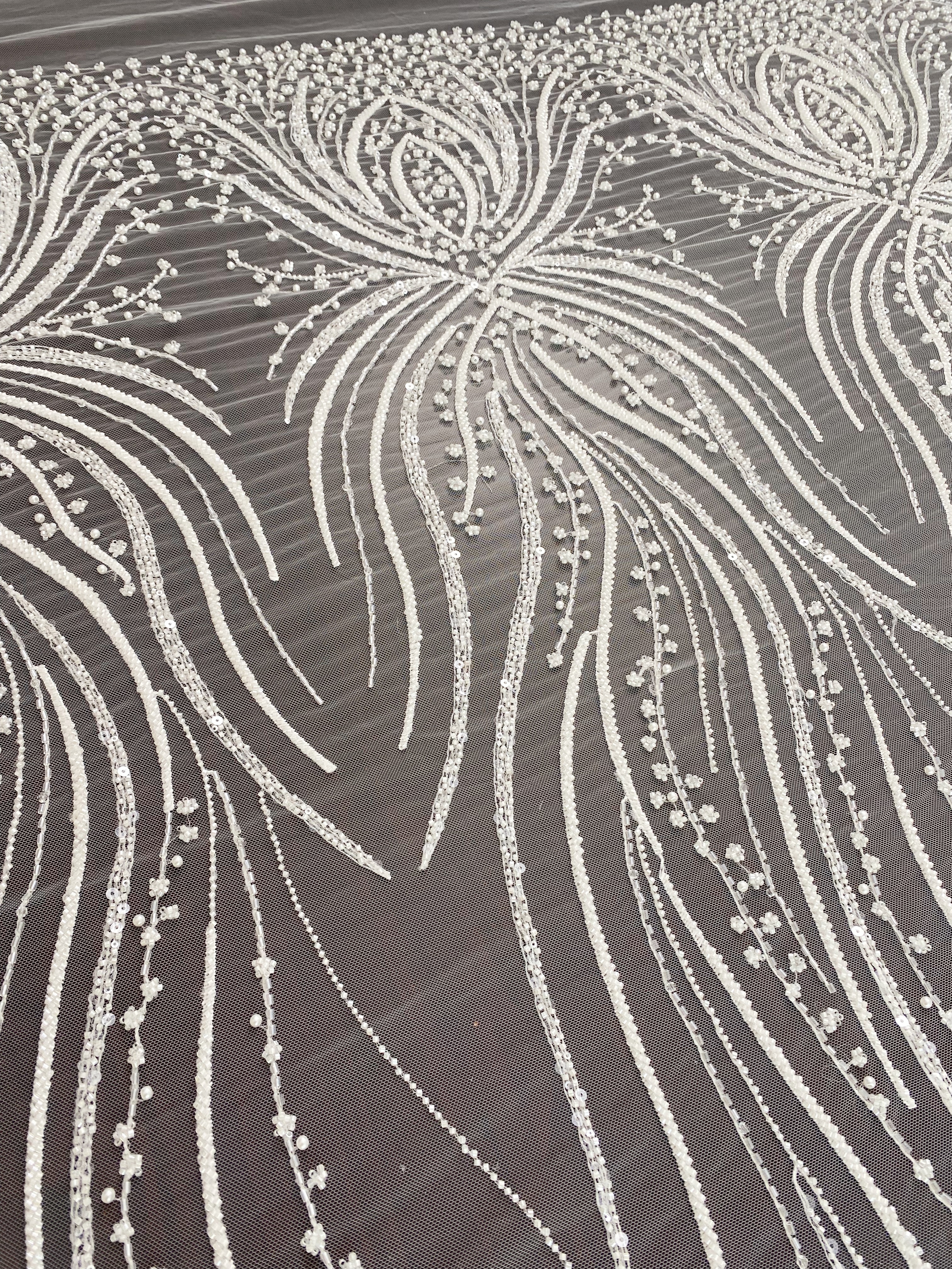 Heavy Beaded Lace Fabric, Stripe Lace on Soft Mesh for Bridal Wedding Dress, Prom Dress, 3D Beading Flower Embroidery Tulle Lace by the yard