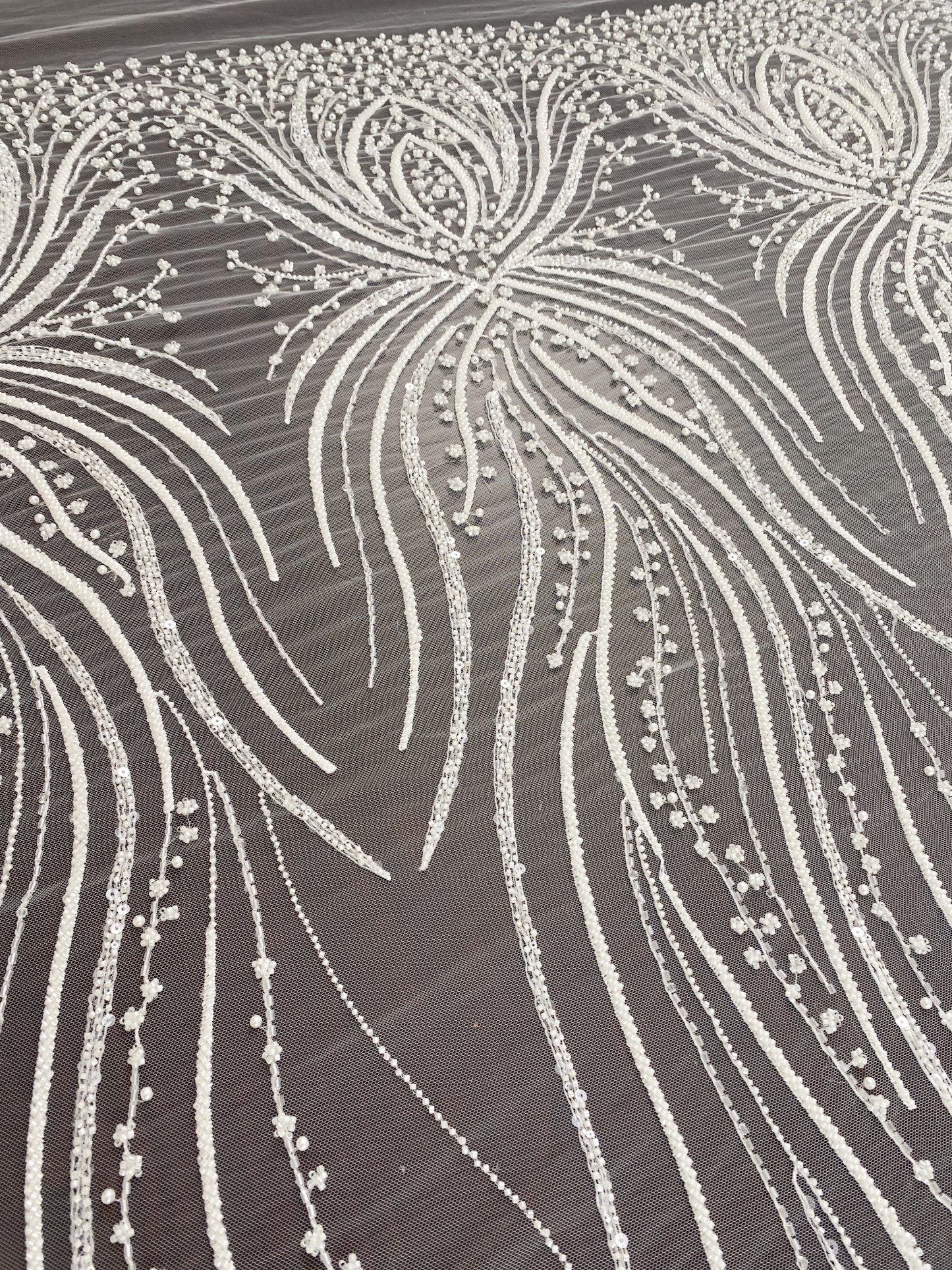 Heavy Beaded Lace Fabric, Stripe Lace on Soft Mesh for Bridal Wedding Dress, Prom Dress, 3D Beading Flower Embroidery Tulle Lace by the yard