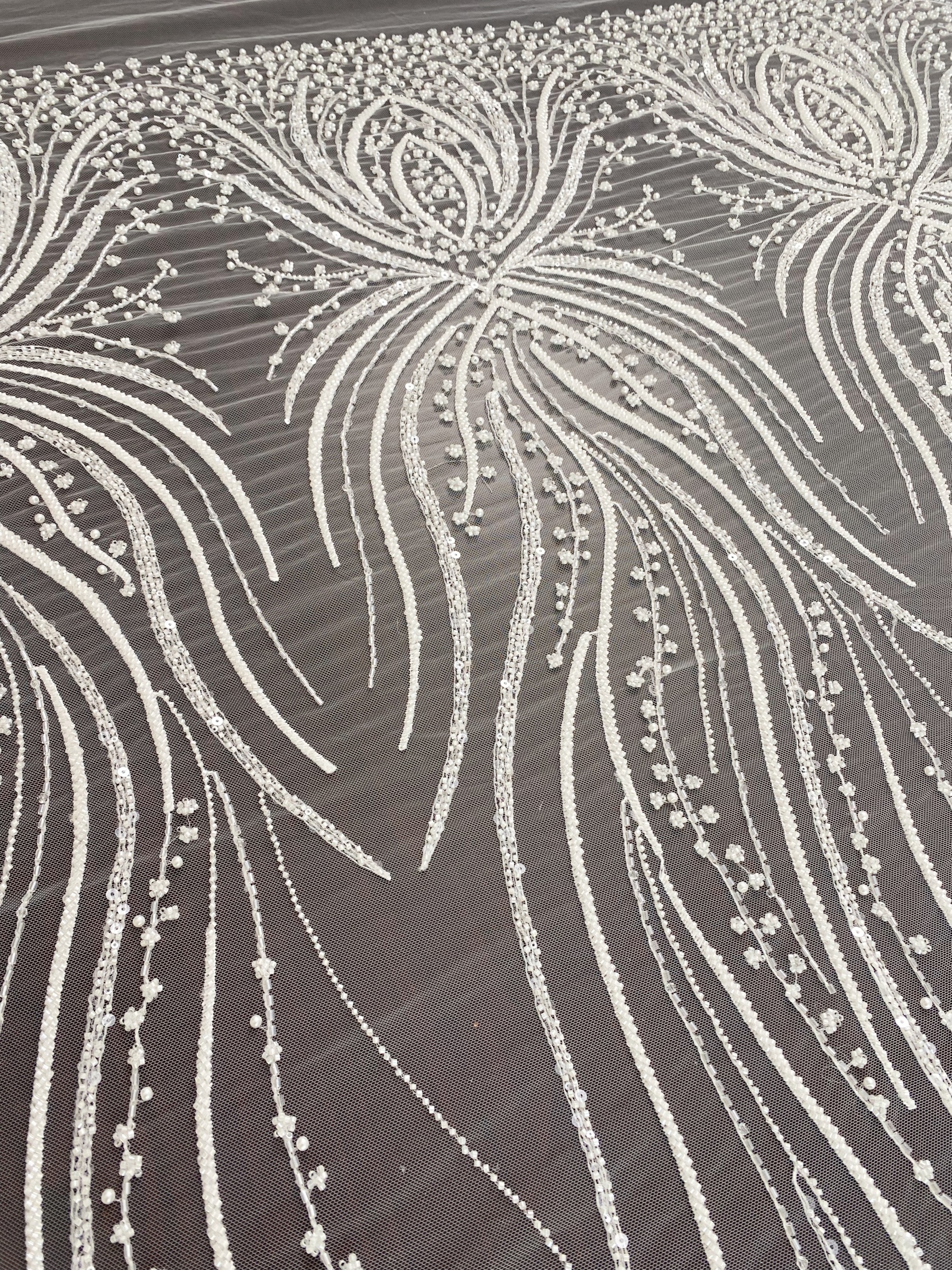 Heavy Beaded Lace Fabric, Stripe Lace on Soft Mesh for Bridal Wedding Dress, Prom Dress, 3D Beading Flower Embroidery Tulle Lace by the yard