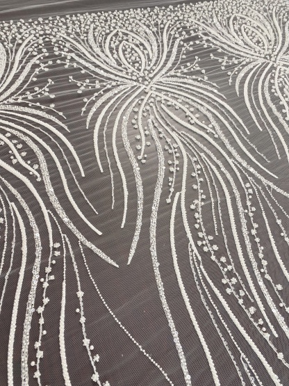 Heavy Beaded Lace Fabric, Stripe Lace on Soft Mesh for Bridal Wedding Dress, Prom Dress, 3D Beading Flower Embroidery Tulle Lace by the yard