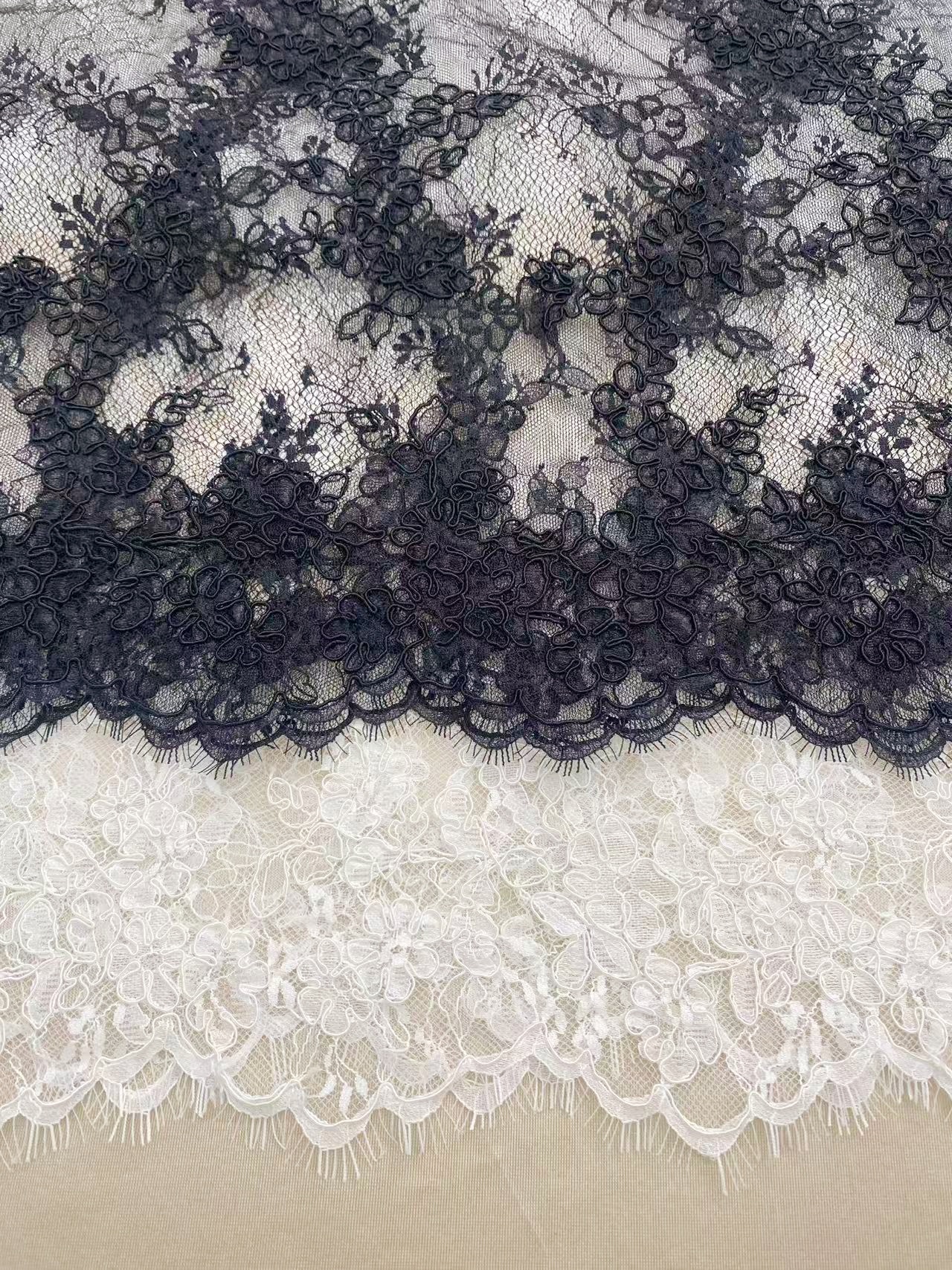 Ivory/Black Chantilly Lace Fabric with Corded for Bridal Gown, Wedding Dress, DIY Sewing, Bridal Weding Eyelash Lace Sold by 3 Meters/piece