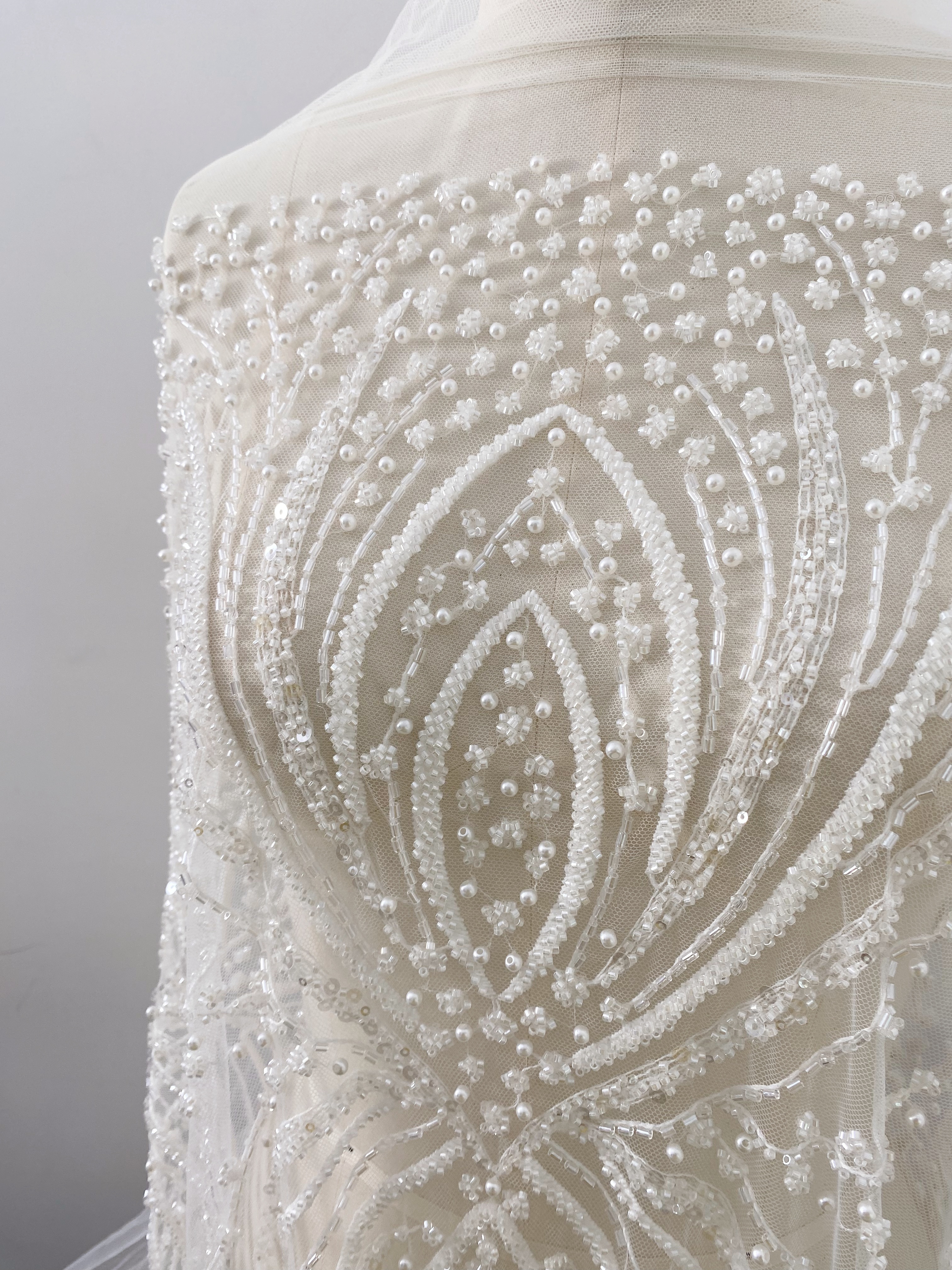 Heavy Beaded Lace Fabric, Stripe Lace on Soft Mesh for Bridal Wedding Dress, Prom Dress, 3D Beading Flower Embroidery Tulle Lace by the yard