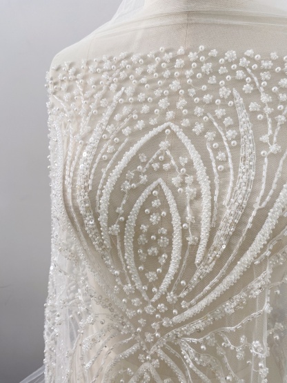 Heavy Beaded Lace Fabric, Stripe Lace on Soft Mesh for Bridal Wedding Dress, Prom Dress, 3D Beading Flower Embroidery Tulle Lace by the yard