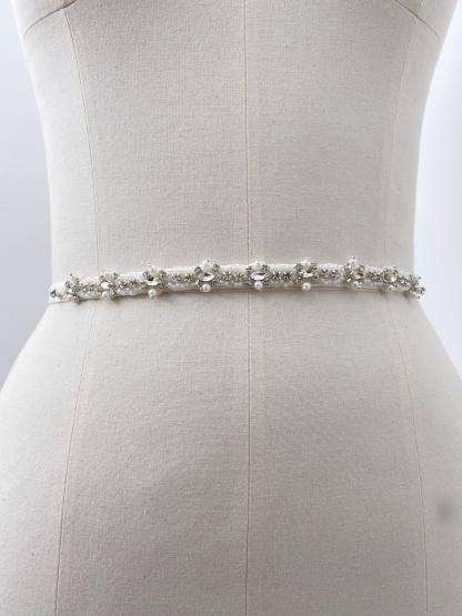 Ivory Wedding Belt with Beads & Crystal Rhinestones, Satin Ribbon Sash Belt for Bridal, Wedding Clasp Belt, Bridesmaid Accessory