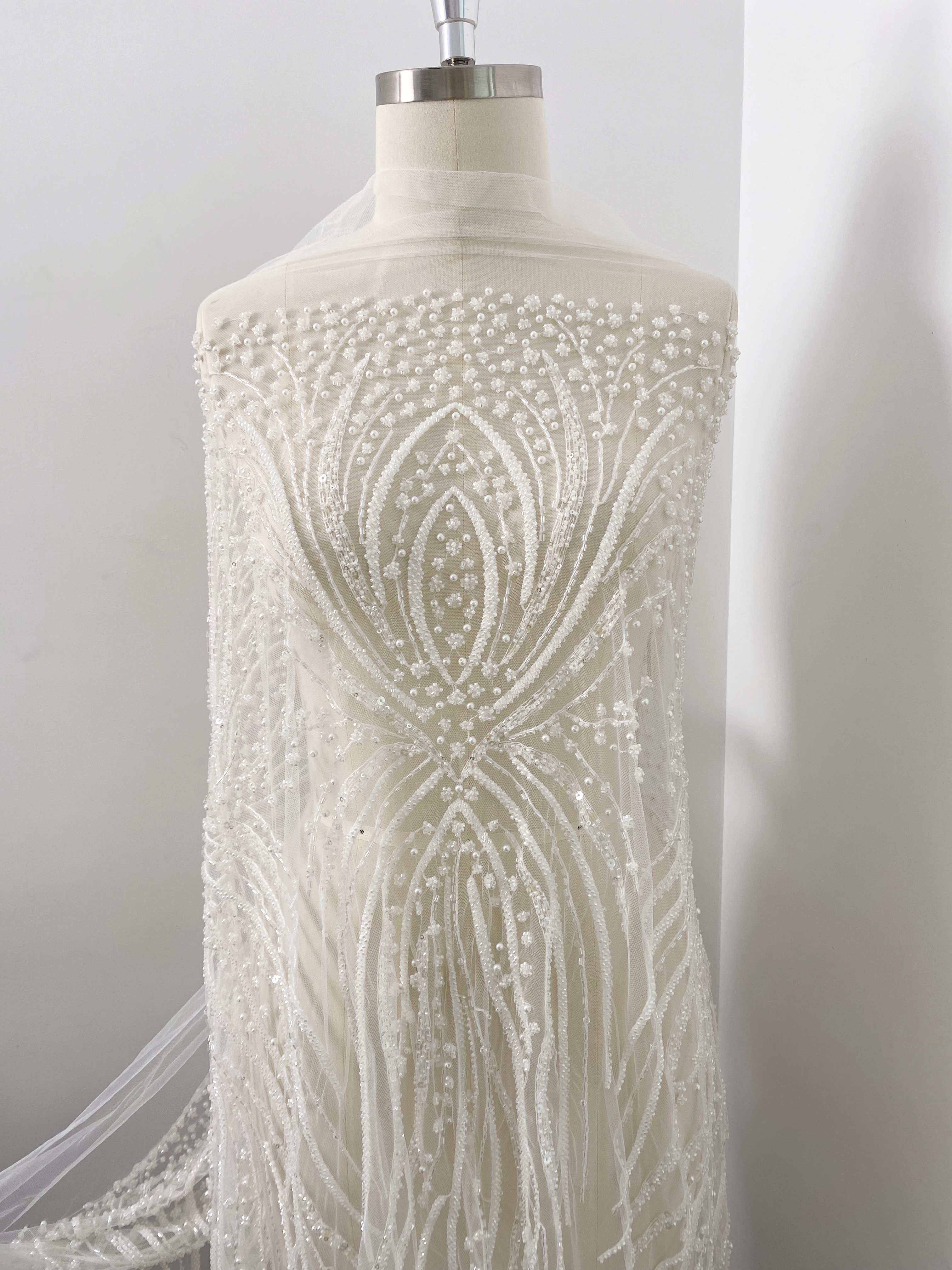 Heavy Beaded Lace Fabric, Stripe Lace on Soft Mesh for Bridal Wedding Dress, Prom Dress, 3D Beading Flower Embroidery Tulle Lace by the yard