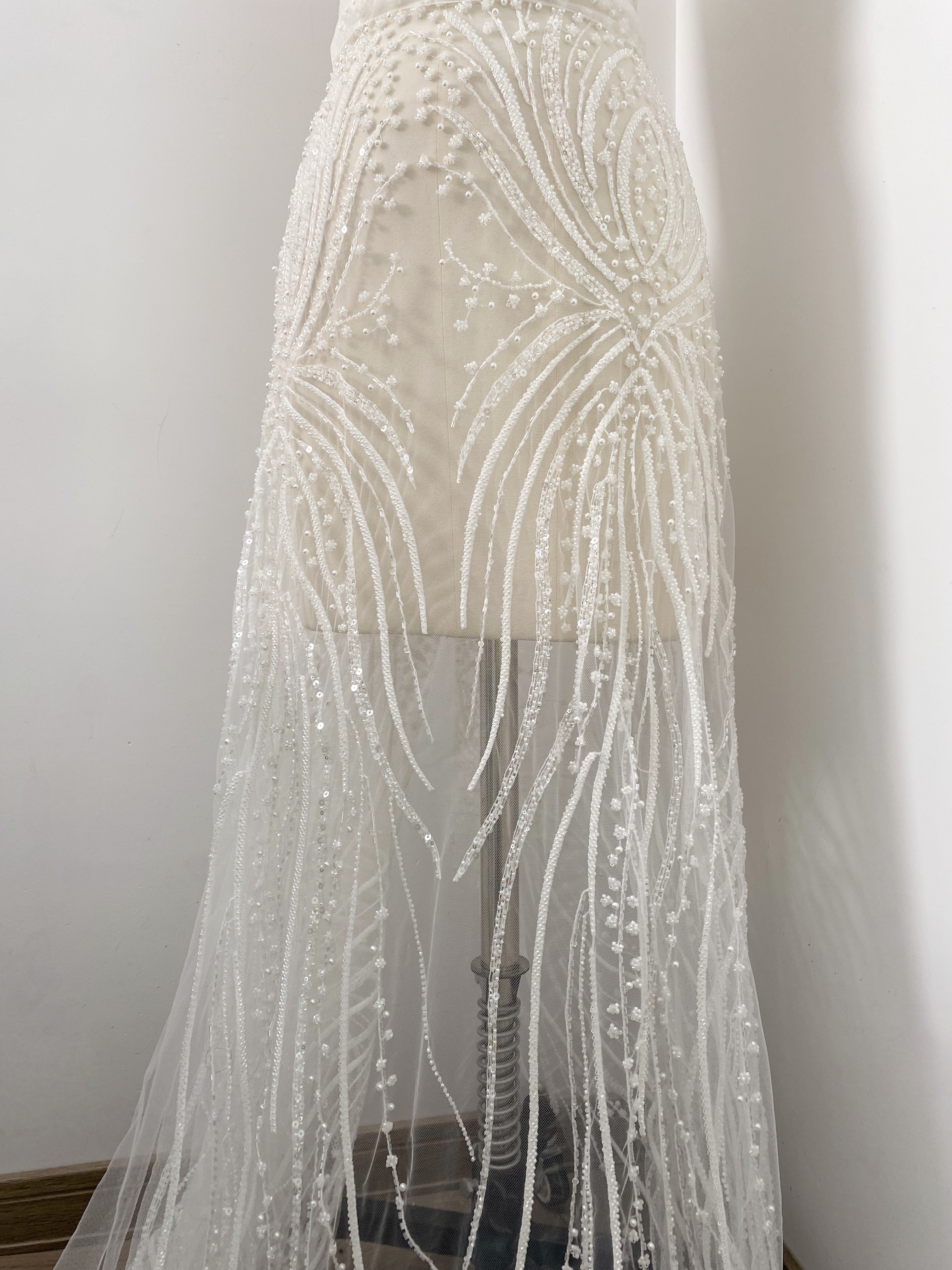 Heavy Beaded Lace Fabric, Stripe Lace on Soft Mesh for Bridal Wedding Dress, Prom Dress, 3D Beading Flower Embroidery Tulle Lace by the yard