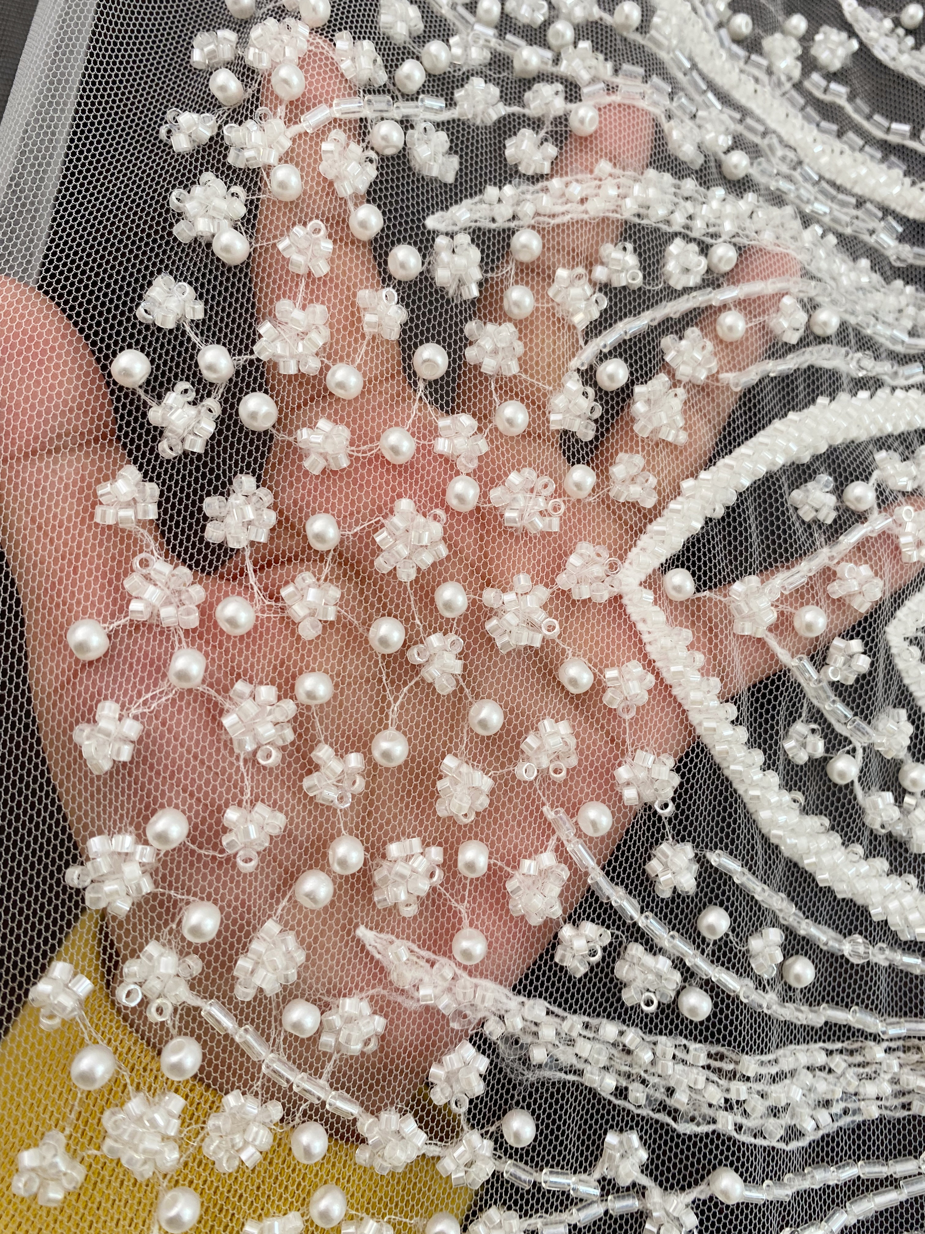 Heavy Beaded Lace Fabric, Stripe Lace on Soft Mesh for Bridal Wedding Dress, Prom Dress, 3D Beading Flower Embroidery Tulle Lace by the yard