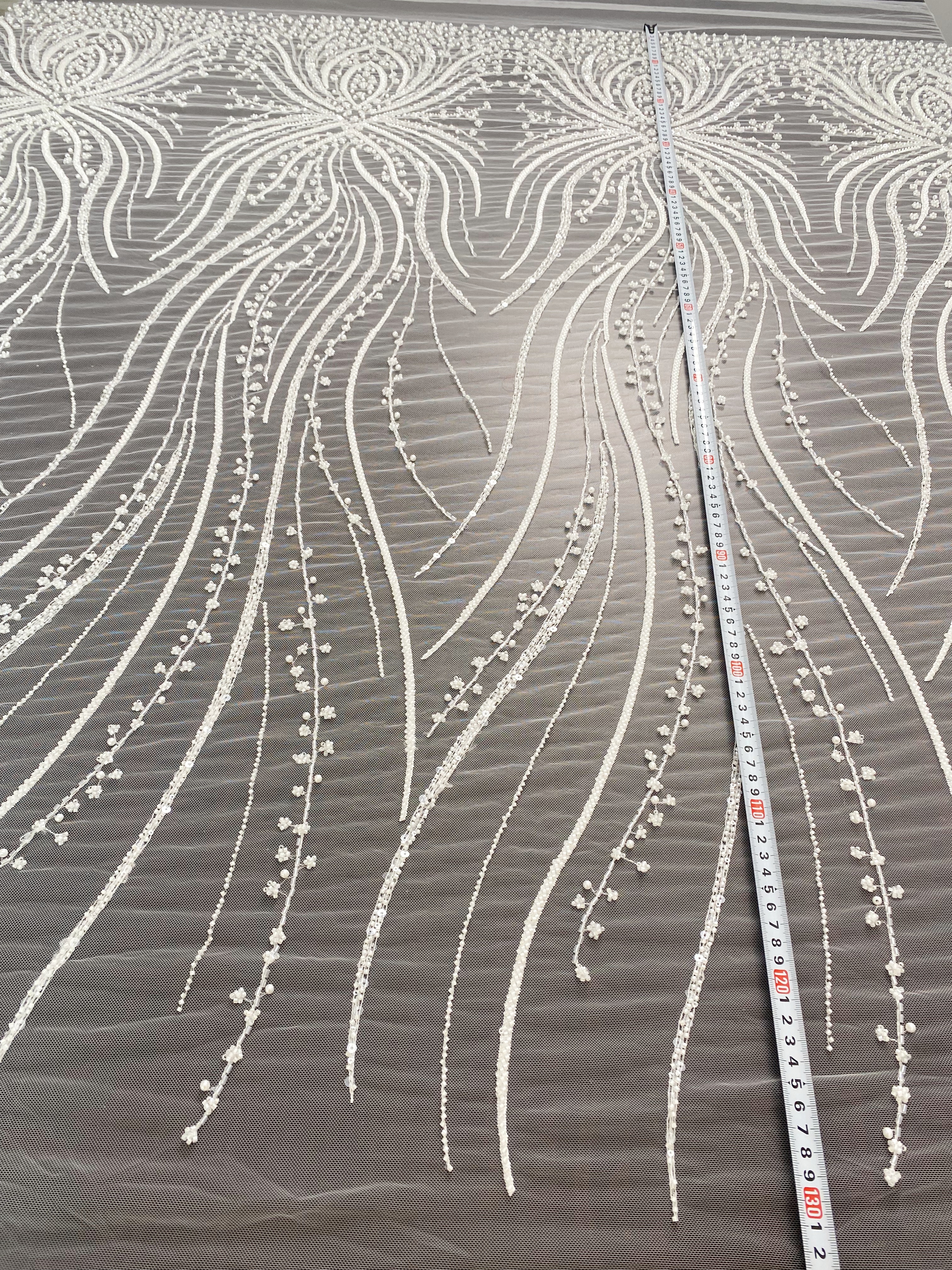 Heavy Beaded Lace Fabric, Stripe Lace on Soft Mesh for Bridal Wedding Dress, Prom Dress, 3D Beading Flower Embroidery Tulle Lace by the yard
