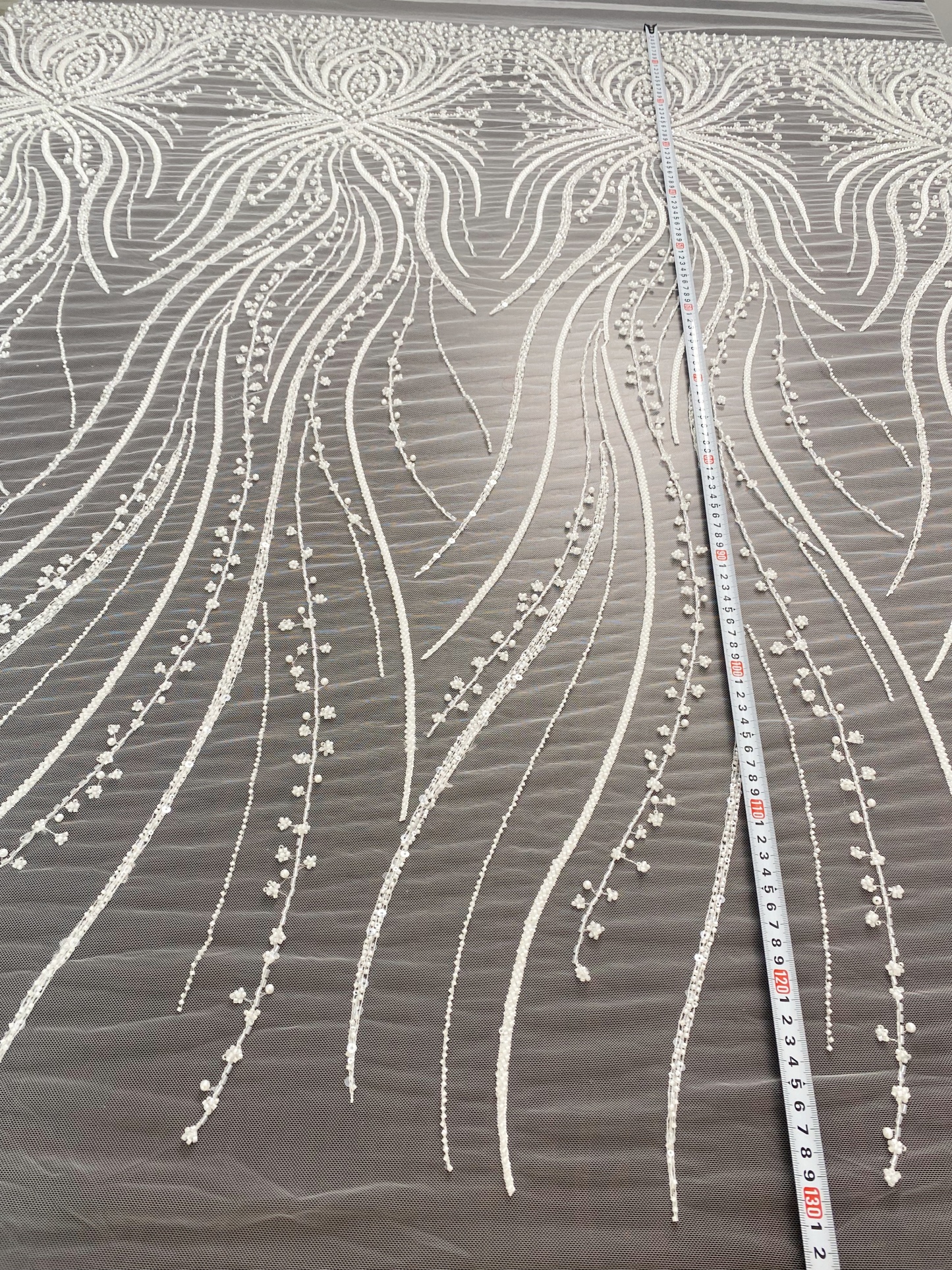 Heavy Beaded Lace Fabric, Stripe Lace on Soft Mesh for Bridal Wedding Dress, Prom Dress, 3D Beading Flower Embroidery Tulle Lace by the yard