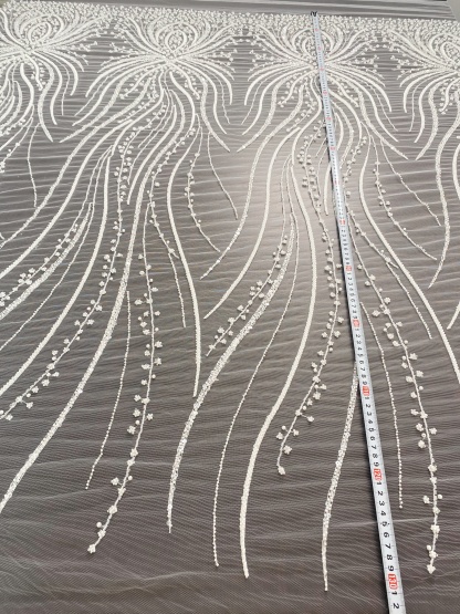 Heavy Beaded Lace Fabric, Stripe Lace on Soft Mesh for Bridal Wedding Dress, Prom Dress, 3D Beading Flower Embroidery Tulle Lace by the yard