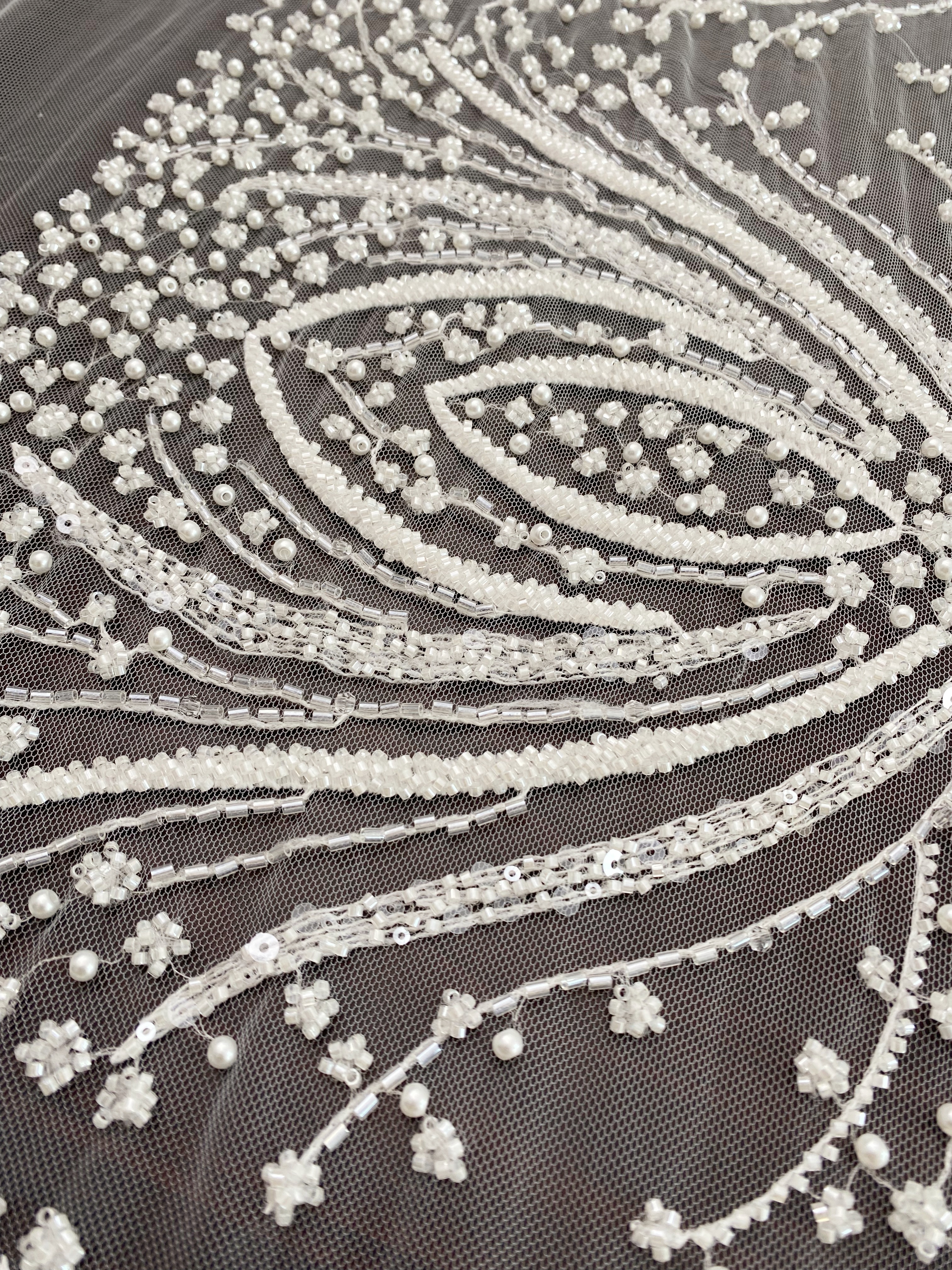 Heavy Beaded Lace Fabric, Stripe Lace on Soft Mesh for Bridal Wedding Dress, Prom Dress, 3D Beading Flower Embroidery Tulle Lace by the yard