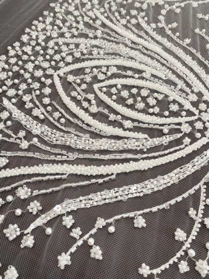 Heavy Beaded Lace Fabric, Stripe Lace on Soft Mesh for Bridal Wedding Dress, Prom Dress, 3D Beading Flower Embroidery Tulle Lace by the yard
