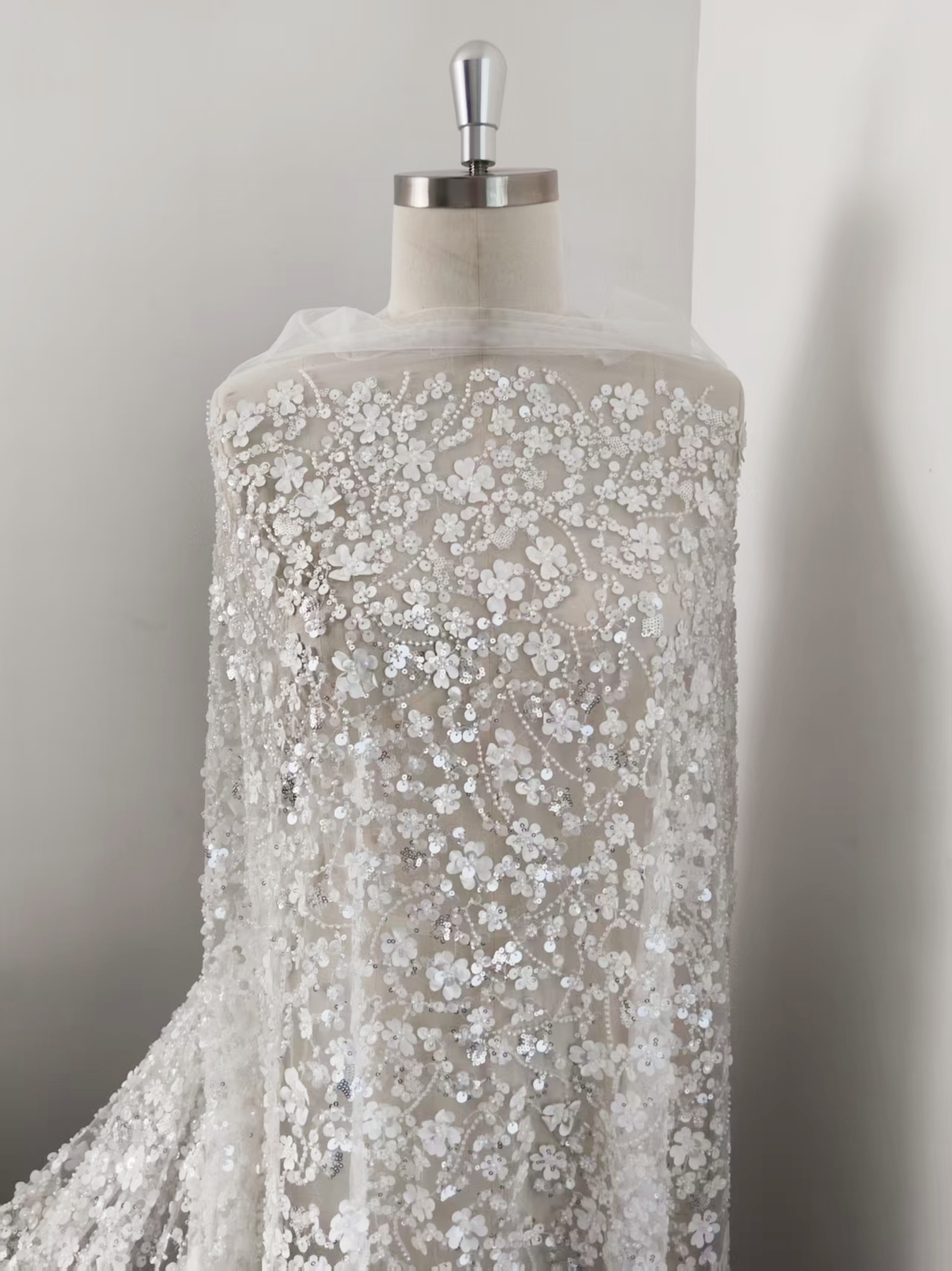 3D Floral Mesh Lace Fabric White Sequin Beaded Lace for Wedding Dress Bridal Gown Material by the Yard Sewing Supplies