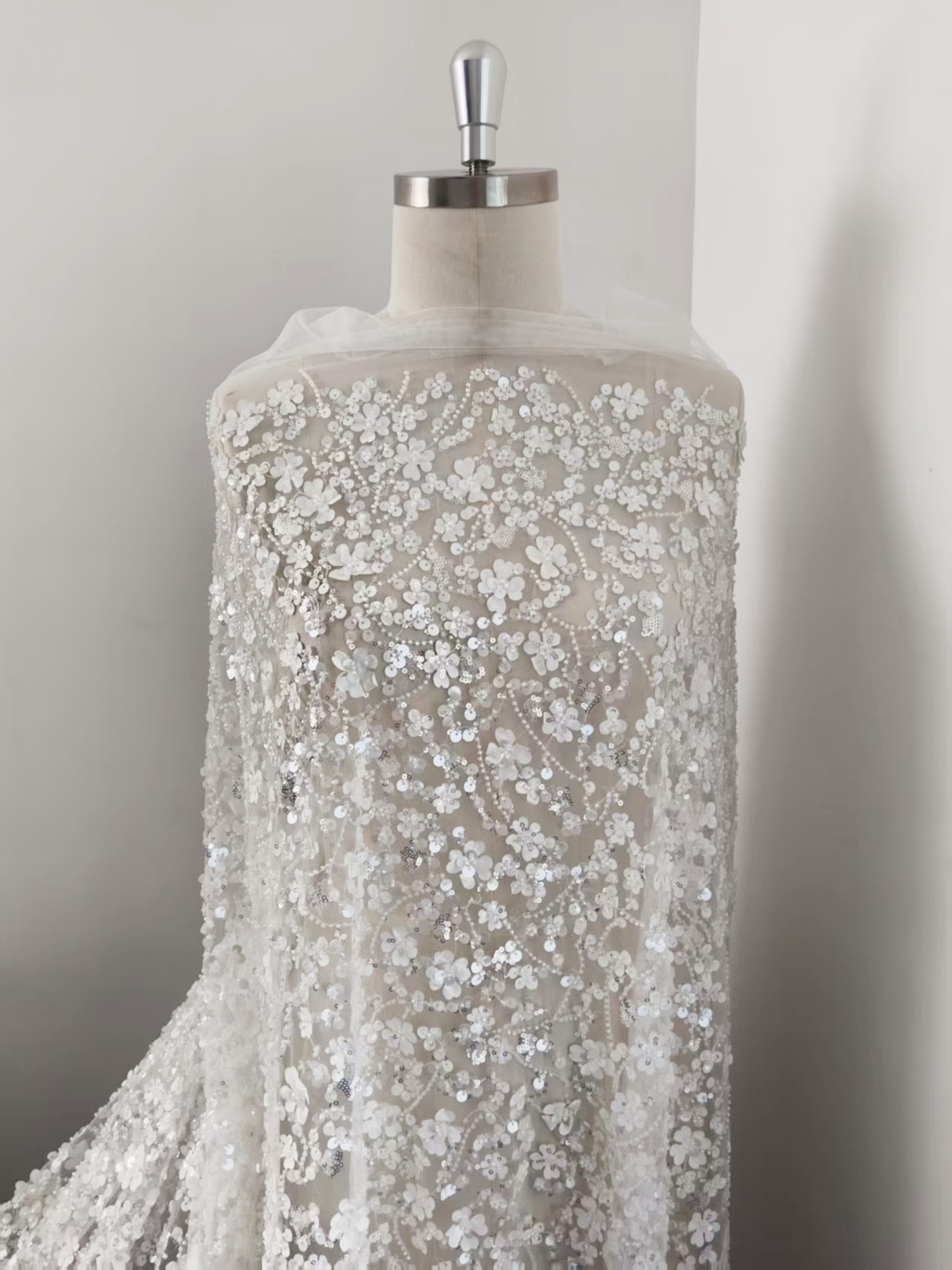 3D Floral Mesh Lace Fabric White Sequin Beaded Lace for Wedding Dress Bridal Gown Material by the Yard Sewing Supplies