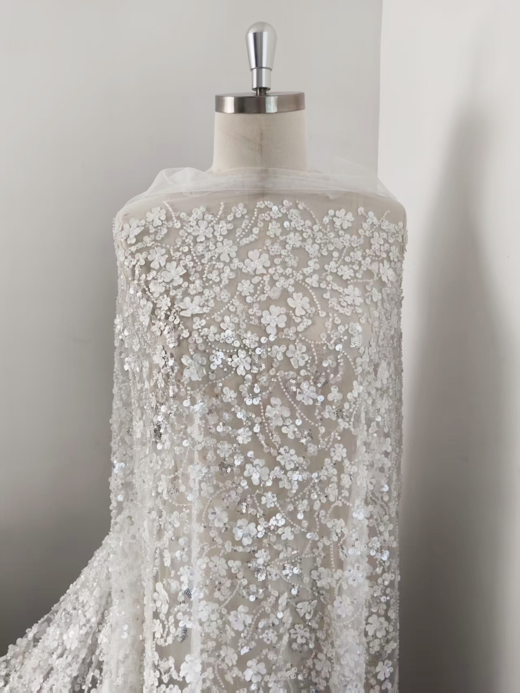 3D Floral Mesh Lace Fabric White Sequin Beaded Lace for Wedding Dress Bridal Gown Material by the Yard Sewing Supplies