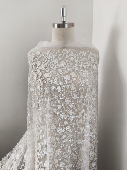 3D Floral Mesh Lace Fabric White Sequin Beaded Lace for Wedding Dress Bridal Gown Material by the Yard Sewing Supplies