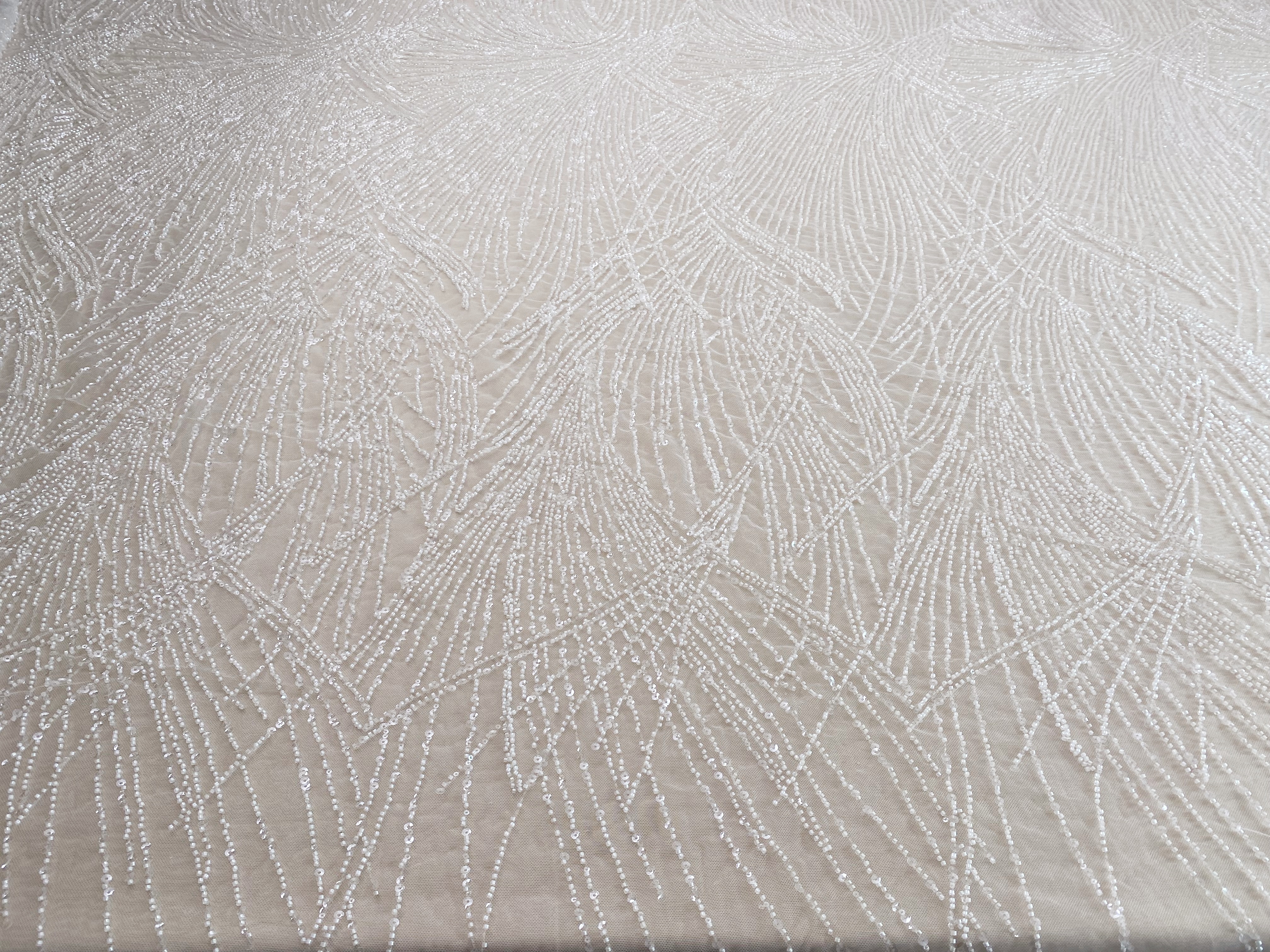 Beaded Lace Tulle Fabric with Line, off-white Wedding Dress Lace, DIY Dress Material by the Yard,Houte Couture