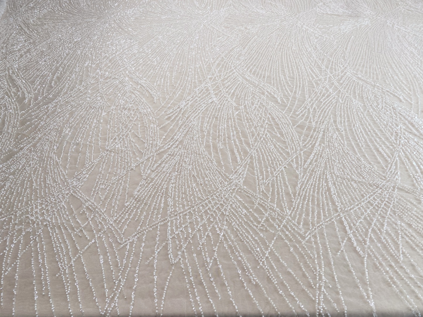 Beaded Lace Tulle Fabric with Line, off-white Wedding Dress Lace, DIY Dress Material by the Yard,Houte Couture