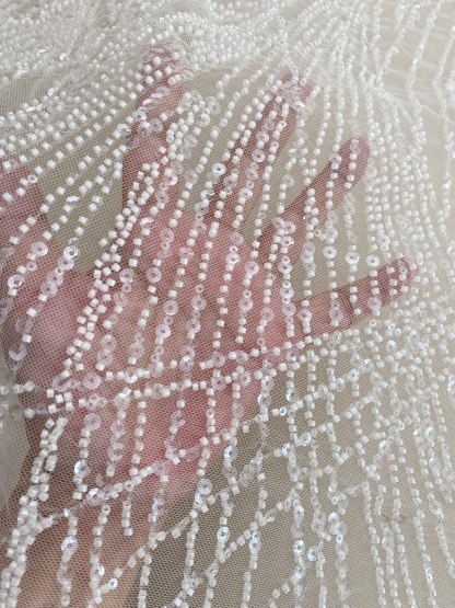 Beaded Lace Tulle Fabric with Line, off-white Wedding Dress Lace, DIY Dress Material by the Yard,Houte Couture