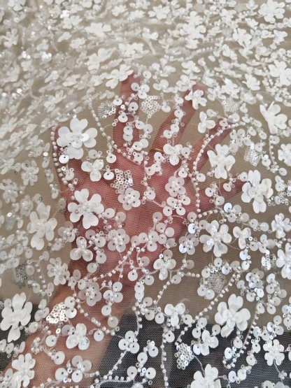 3D Floral Mesh Lace Fabric White Sequin Beaded Lace for Wedding Dress Bridal Gown Material by the Yard Sewing Supplies