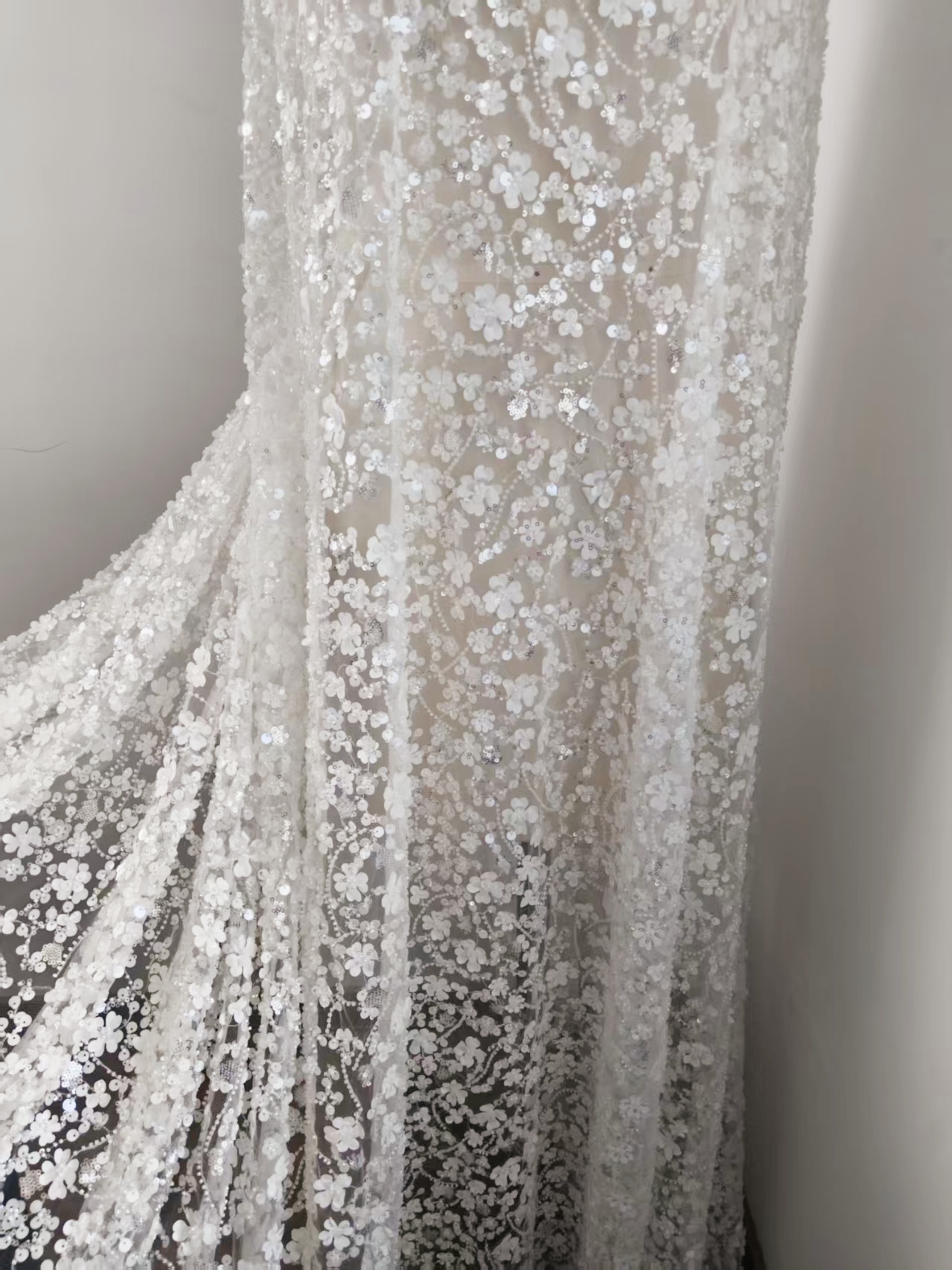 3D Floral Mesh Lace Fabric White Sequin Beaded Lace for Wedding Dress Bridal Gown Material by the Yard Sewing Supplies