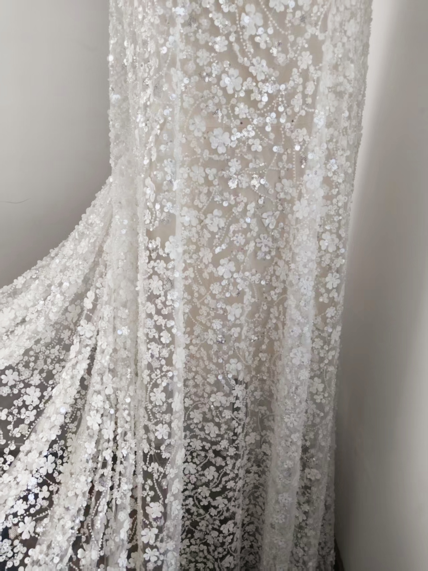 3D Floral Mesh Lace Fabric White Sequin Beaded Lace for Wedding Dress Bridal Gown Material by the Yard Sewing Supplies