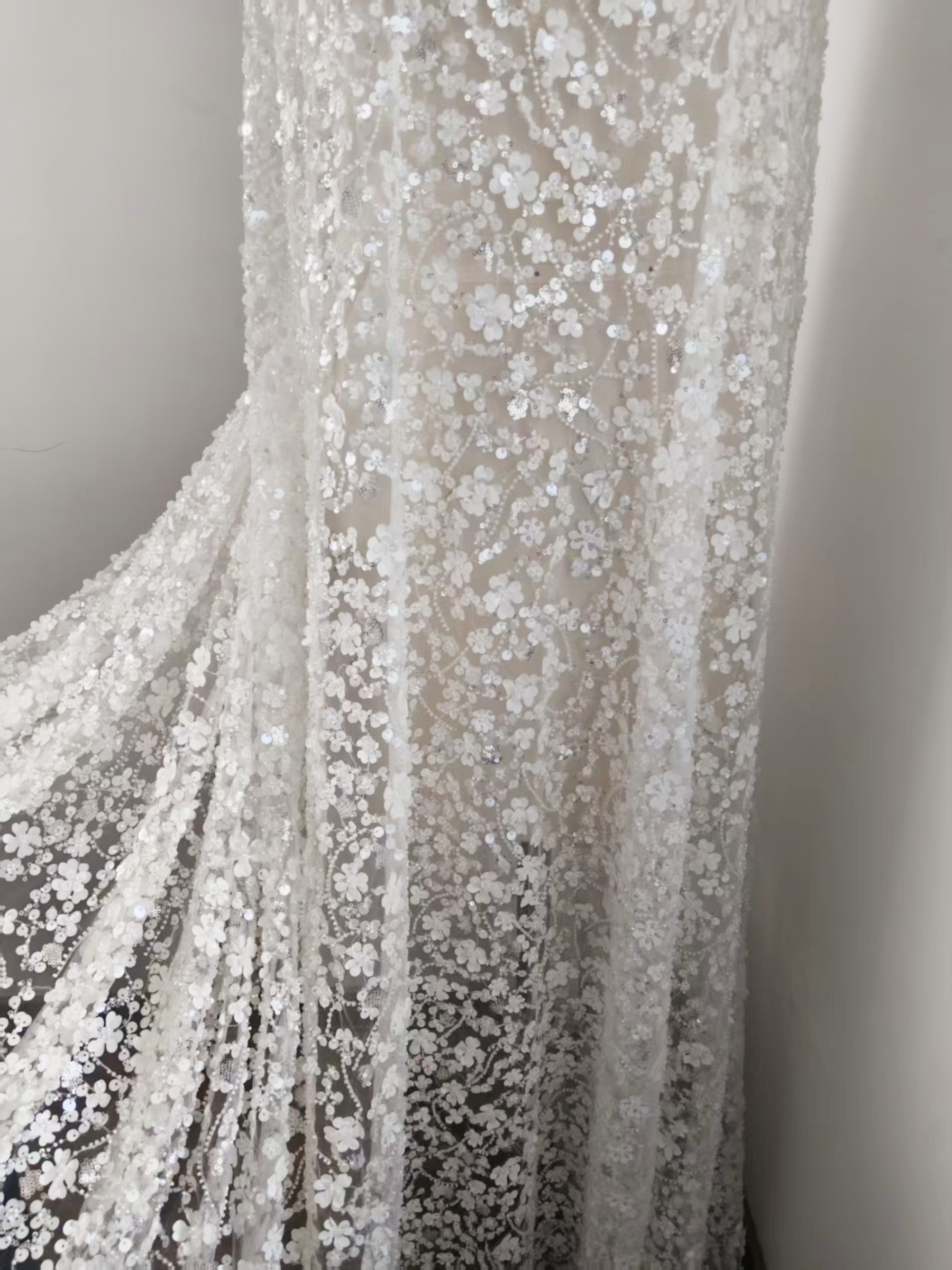 3D Floral Mesh Lace Fabric White Sequin Beaded Lace for Wedding Dress Bridal Gown Material by the Yard Sewing Supplies