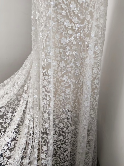 3D Floral Mesh Lace Fabric White Sequin Beaded Lace for Wedding Dress Bridal Gown Material by the Yard Sewing Supplies