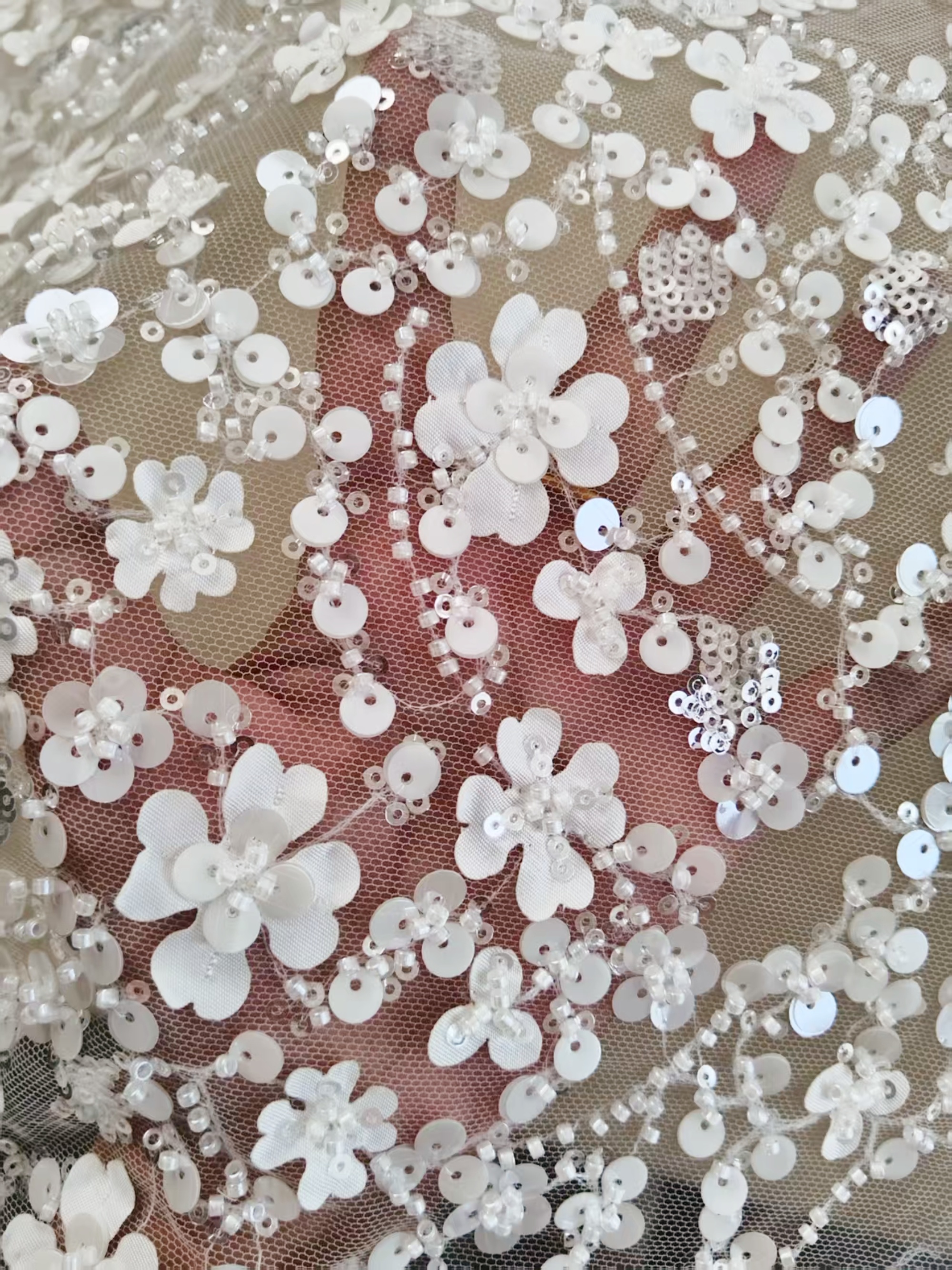 3D Floral Mesh Lace Fabric White Sequin Beaded Lace for Wedding Dress Bridal Gown Material by the Yard Sewing Supplies