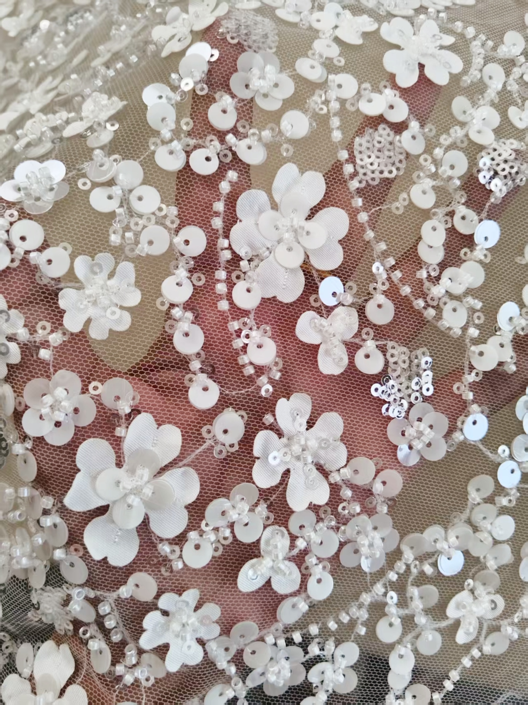 3D Floral Mesh Lace Fabric White Sequin Beaded Lace for Wedding Dress Bridal Gown Material by the Yard Sewing Supplies