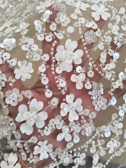 3D Floral Mesh Lace Fabric White Sequin Beaded Lace for Wedding Dress Bridal Gown Material by the Yard Sewing Supplies