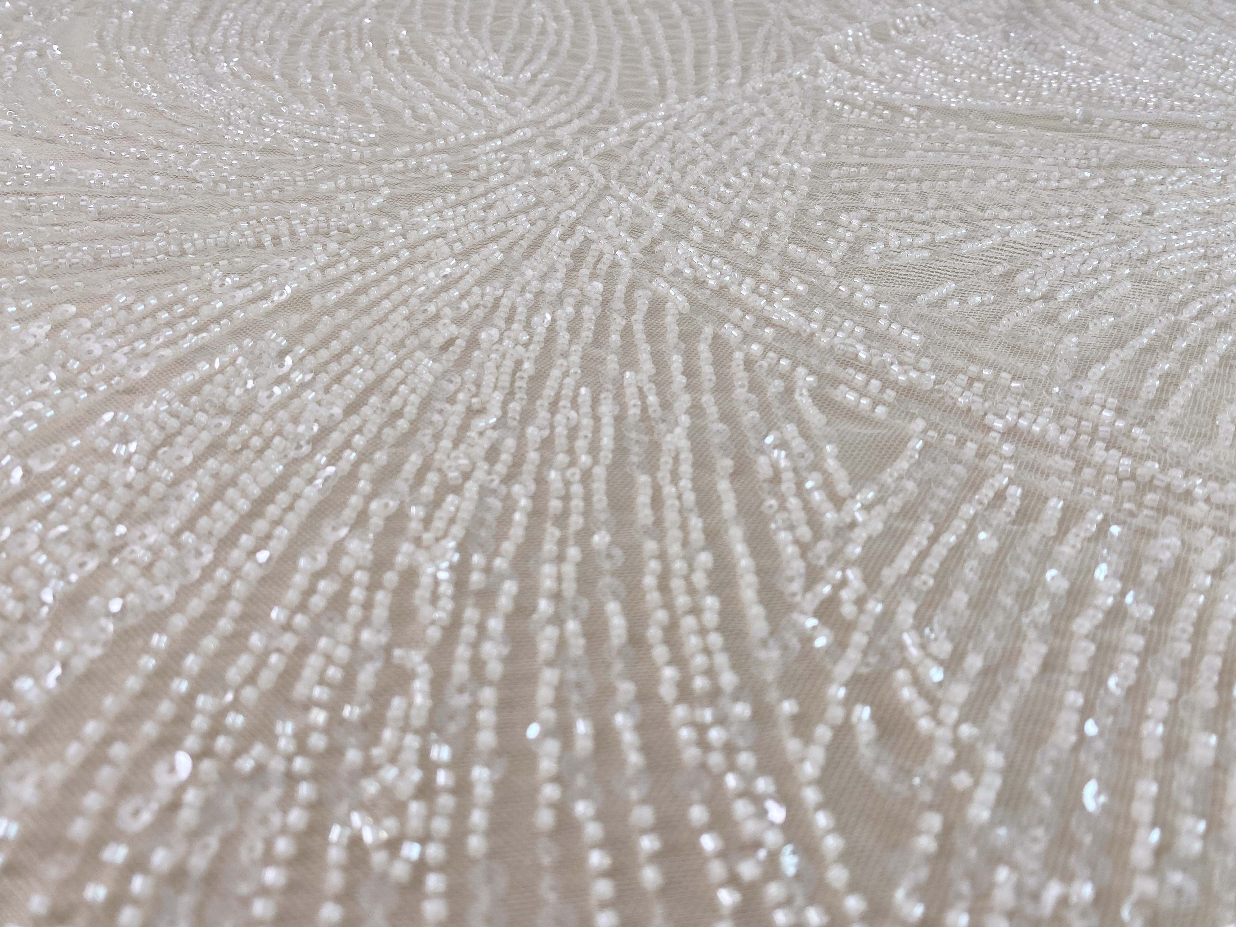 Beaded Lace Tulle Fabric with Line, off-white Wedding Dress Lace, DIY Dress Material by the Yard,Houte Couture