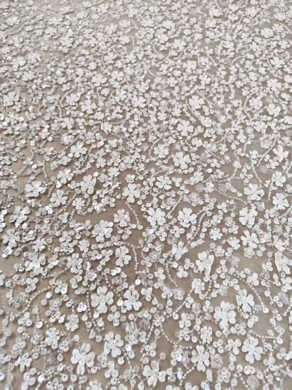 3D Floral Mesh Lace Fabric White Sequin Beaded Lace for Wedding Dress Bridal Gown Material by the Yard Sewing Supplies