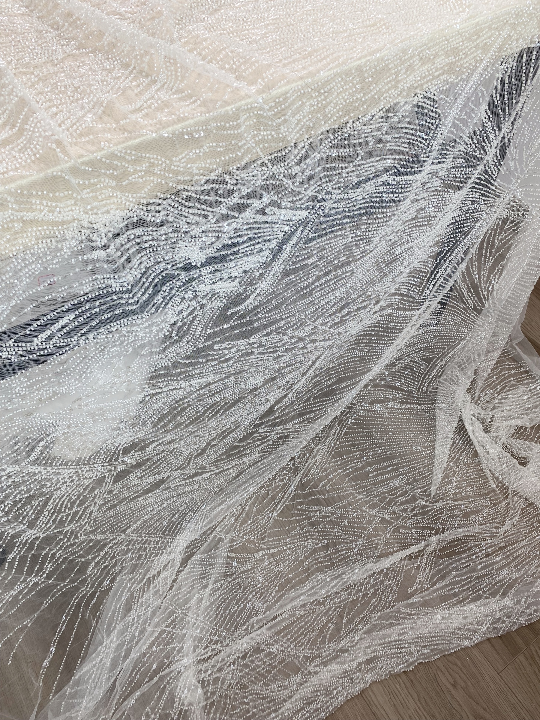 Beaded Lace Tulle Fabric with Line, off-white Wedding Dress Lace, DIY Dress Material by the Yard,Houte Couture