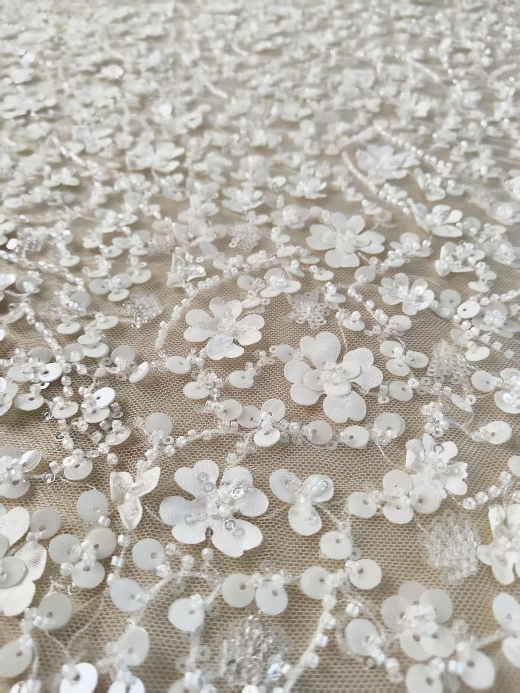 3D Floral Mesh Lace Fabric White Sequin Beaded Lace for Wedding Dress Bridal Gown Material by the Yard Sewing Supplies