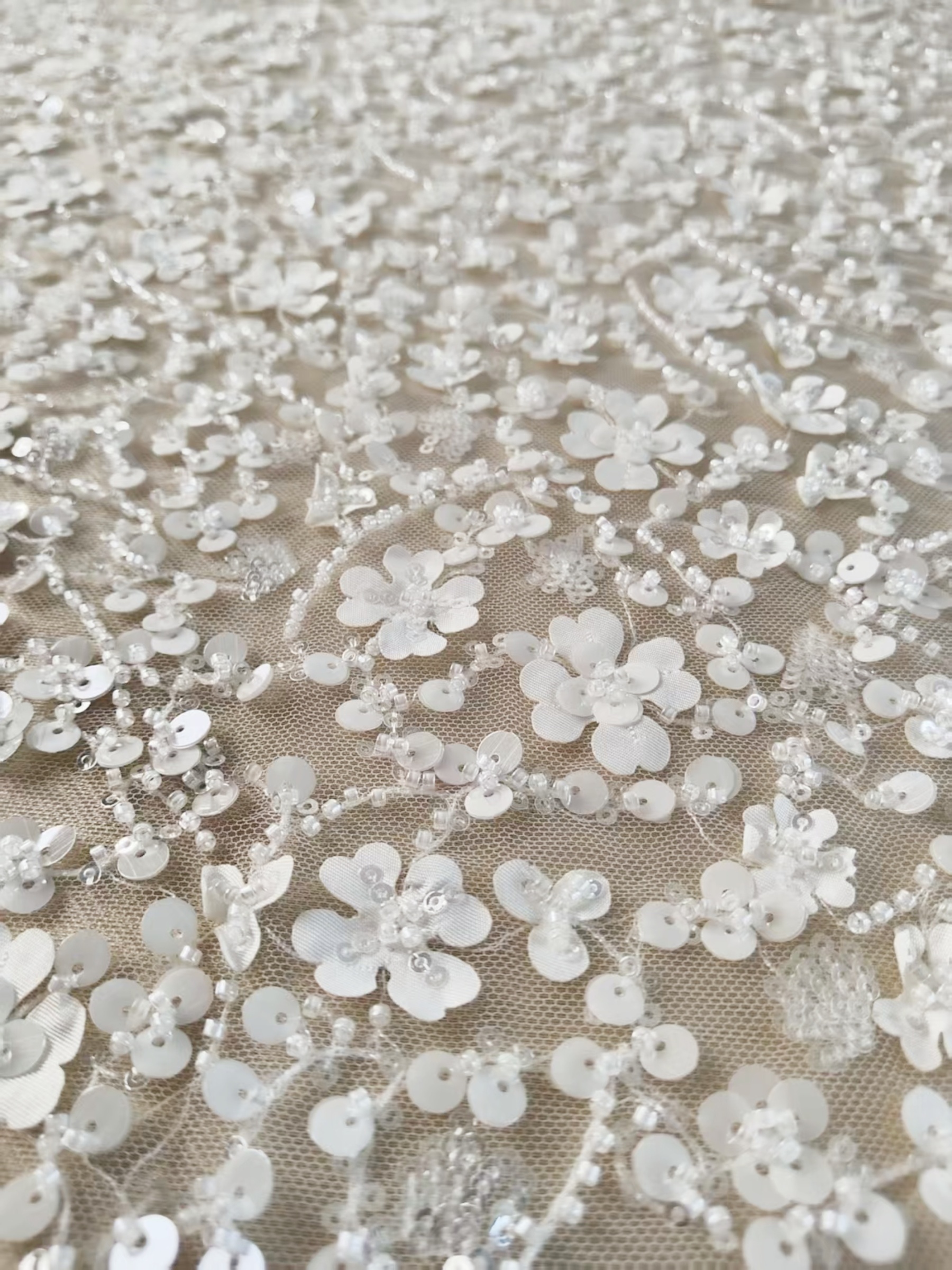 3D Floral Mesh Lace Fabric White Sequin Beaded Lace for Wedding Dress Bridal Gown Material by the Yard Sewing Supplies