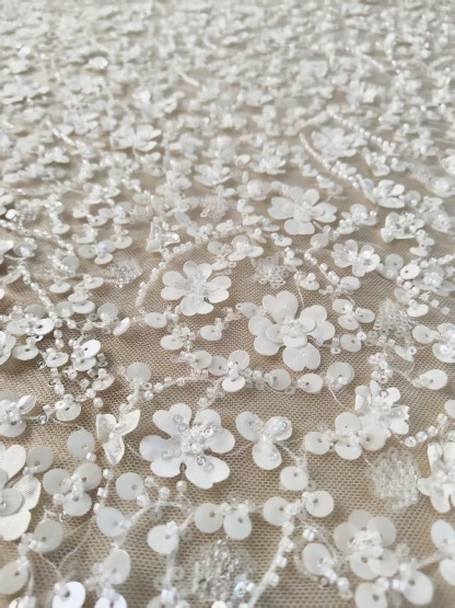 3D Floral Mesh Lace Fabric White Sequin Beaded Lace for Wedding Dress Bridal Gown Material by the Yard Sewing Supplies