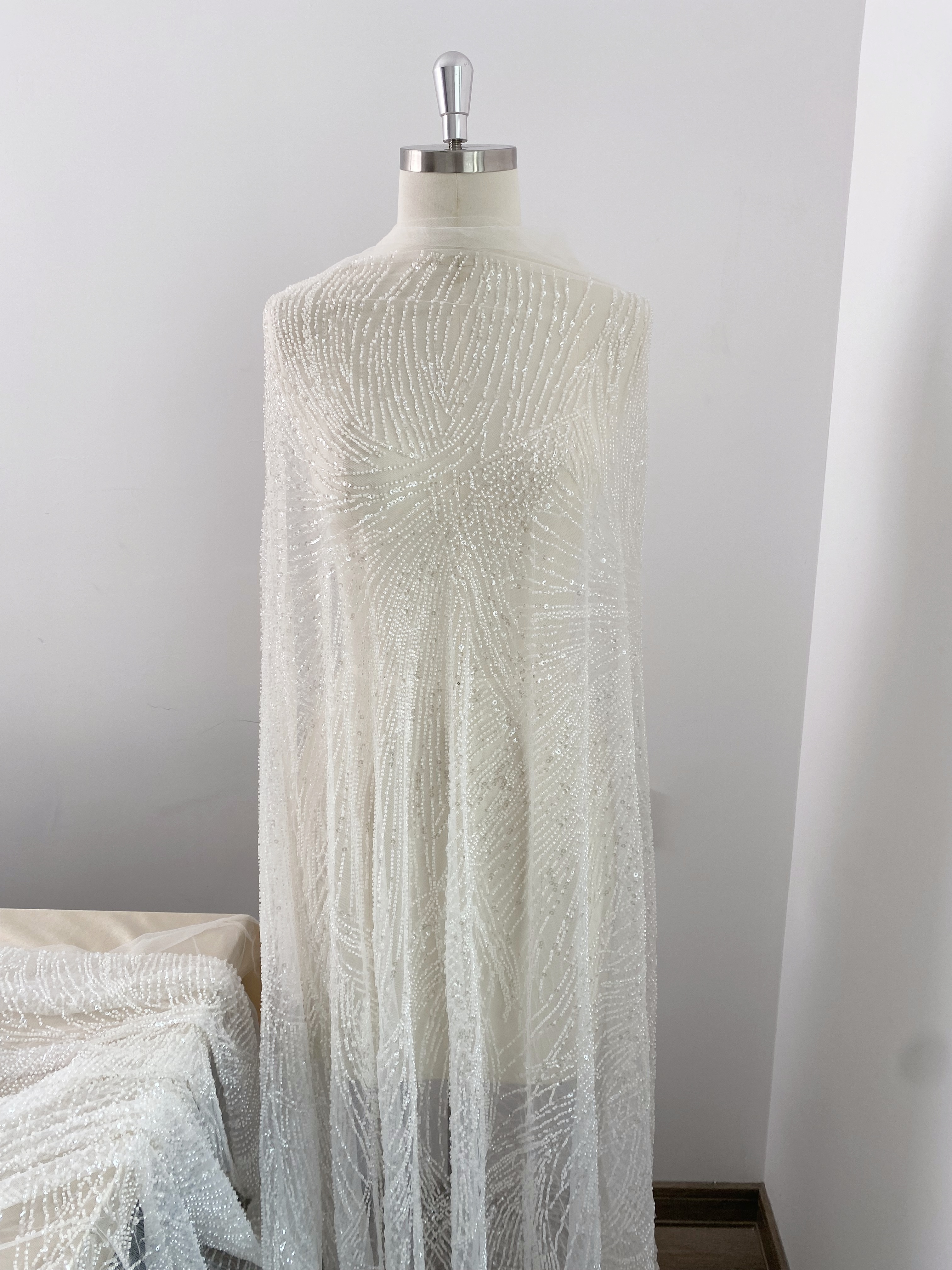Beaded Lace Tulle Fabric with Line, off-white Wedding Dress Lace, DIY Dress Material by the Yard,Houte Couture
