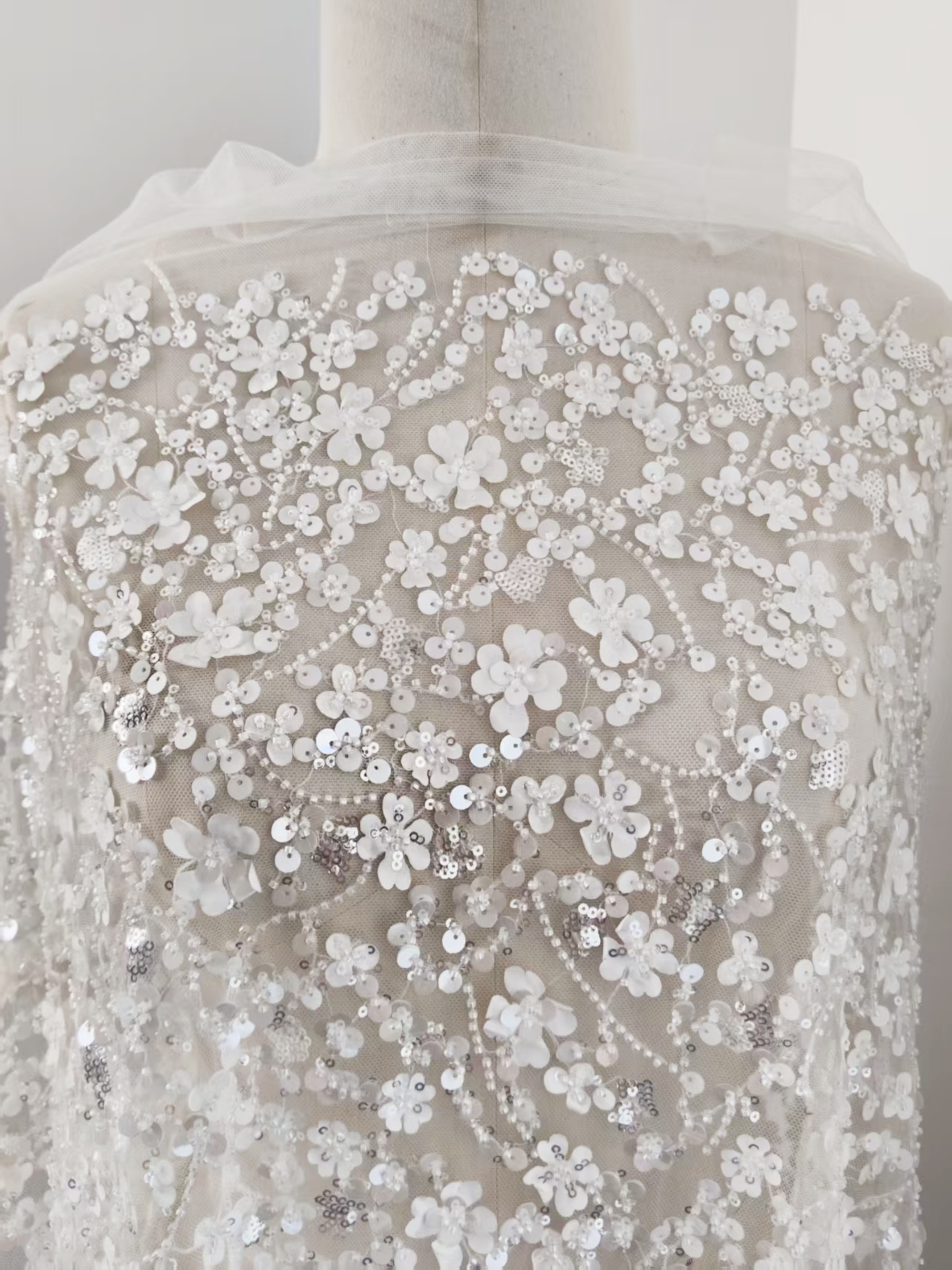 3D Floral Mesh Lace Fabric White Sequin Beaded Lace for Wedding Dress Bridal Gown Material by the Yard Sewing Supplies